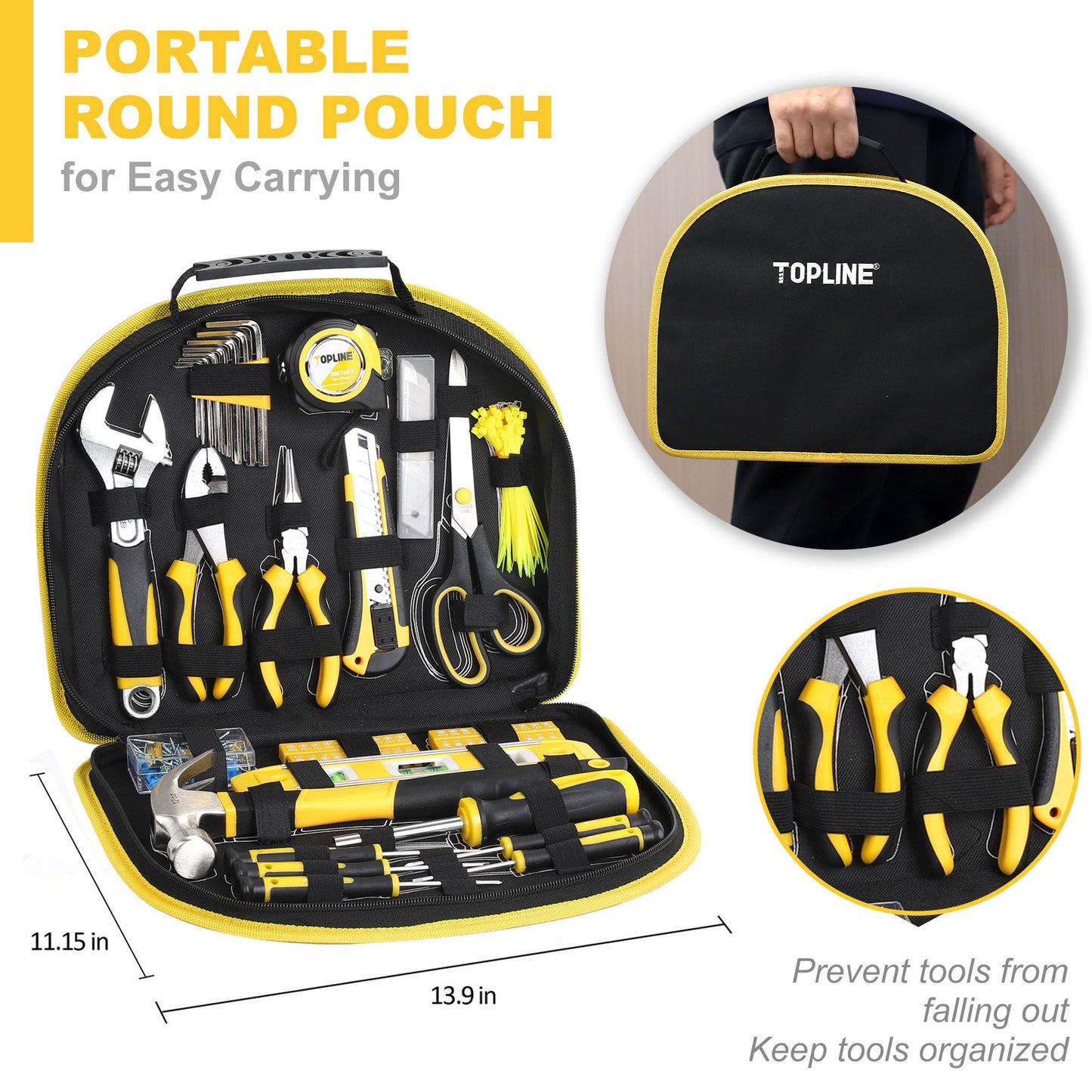 TOPLINE 208-Piece Basic Home Tool Kit with Easy Carrying Round Pouch, Household Hand Tools for Apartment, Home, Basic Tool Set, Perfect for DIY Projects, Home Maintenance