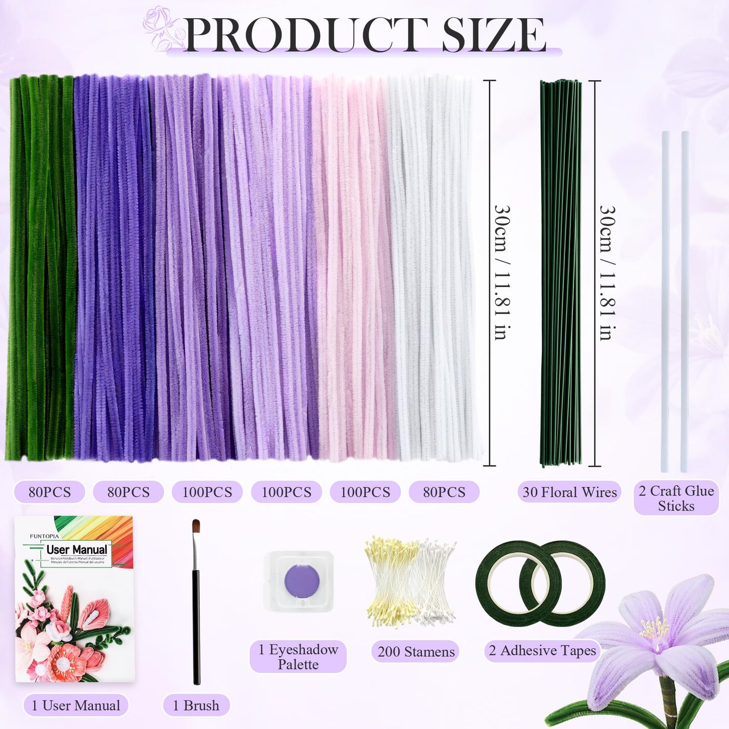 Funtopia Pipe Cleaner Flowers, 540 Pcs Pipe Cleaners Craft Bulk, Pipe Cleaner Flower Kit with Instruction, Chenille Stems for Flower Making, DIY Bouquets and Party Decorations (Purple, 12in x 7mm)