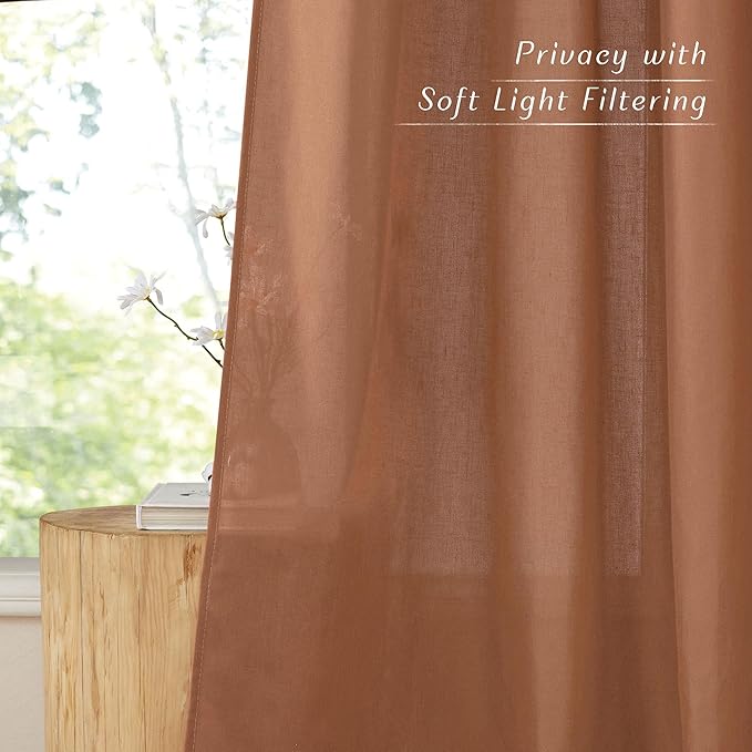 NICETOWN Caramel Linen Curtains for Kitchen, Thick Flax Small Window Treatments Semi Sheer Privacy Assured with Light Through for Cafe/Bathroom, W42 x L96, 2 Panels