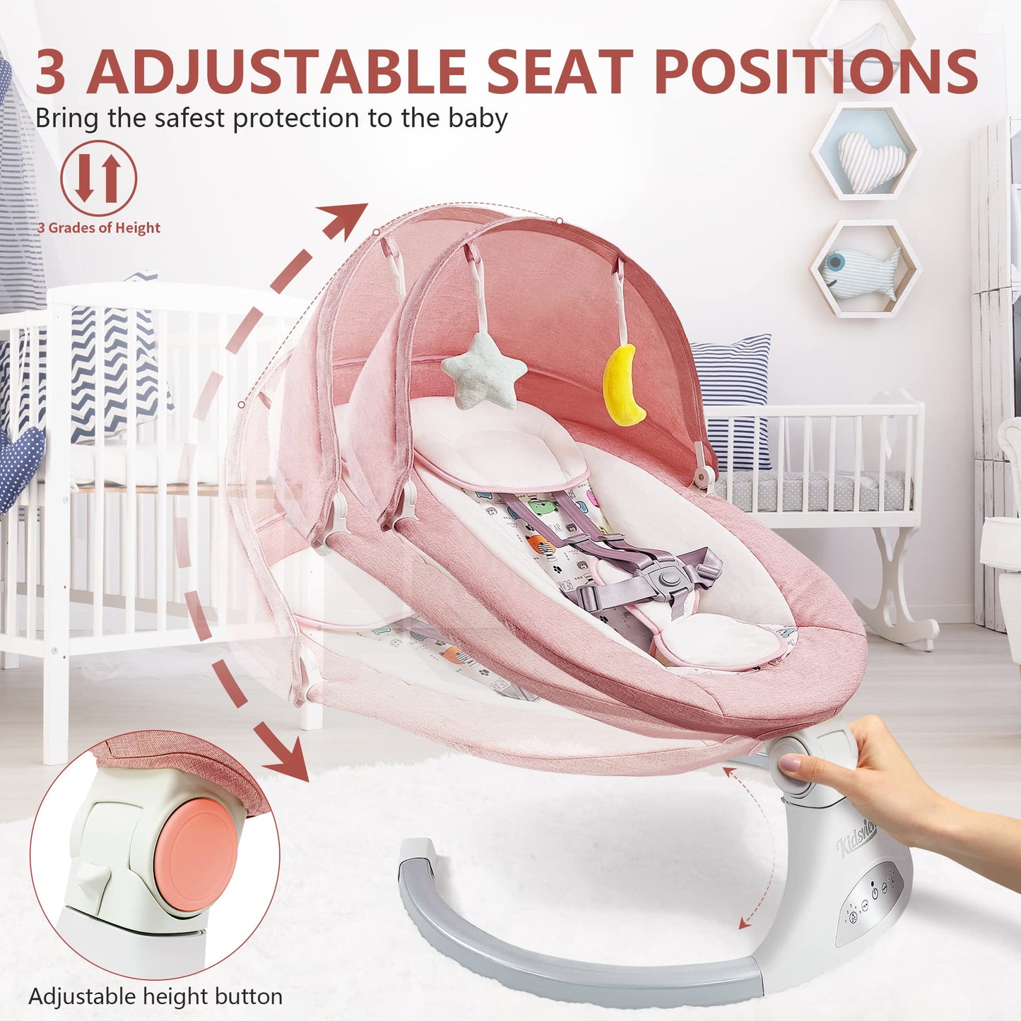Pink Electric Baby Swing for Infants to Toddlers, 5 Speed Settings, 12 Built-in Songs, Bluetooth & USB Music, Timer Function, Adjustable Baby Swing for Nursery Use