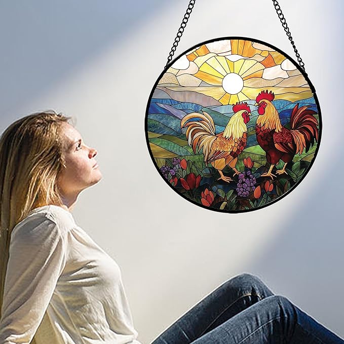 AMDERVEN Stained Glass Window Hanging, Countryside Scenery Chicken Sun Catcher for Door Home Decor Sunrise Suncatcher Christmas Mother's Day Birthday Gifts for Women Men Mom Nana 9.8 in