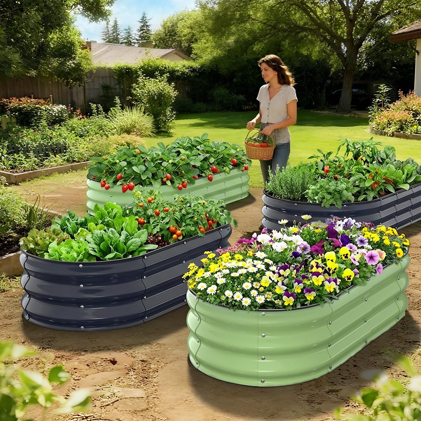 Yumatum Raised Garden Bed 4×2×1 FT, Galvanized Metal Raised Planter Box, Vegetable Planting Container with Safety Edge Trim, Hardware & Gloves Included, Fruit Green for Backyard Patio Balcony