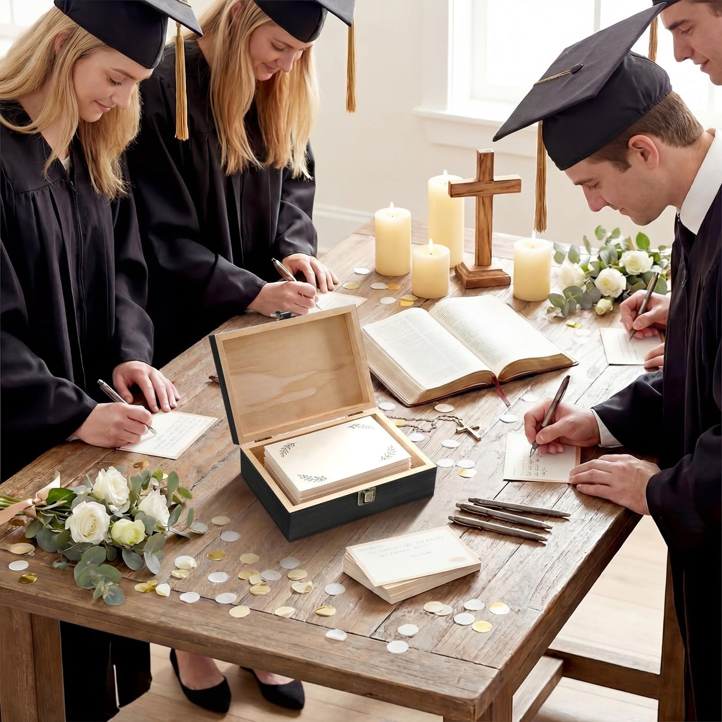 Seeloowy Graduation Memory Keepsake Box with Photo Custom 2026 Large Grad Card Box with Customized Picture Gift for Him Her for Graduate Grad High School Party(Black,Religious)