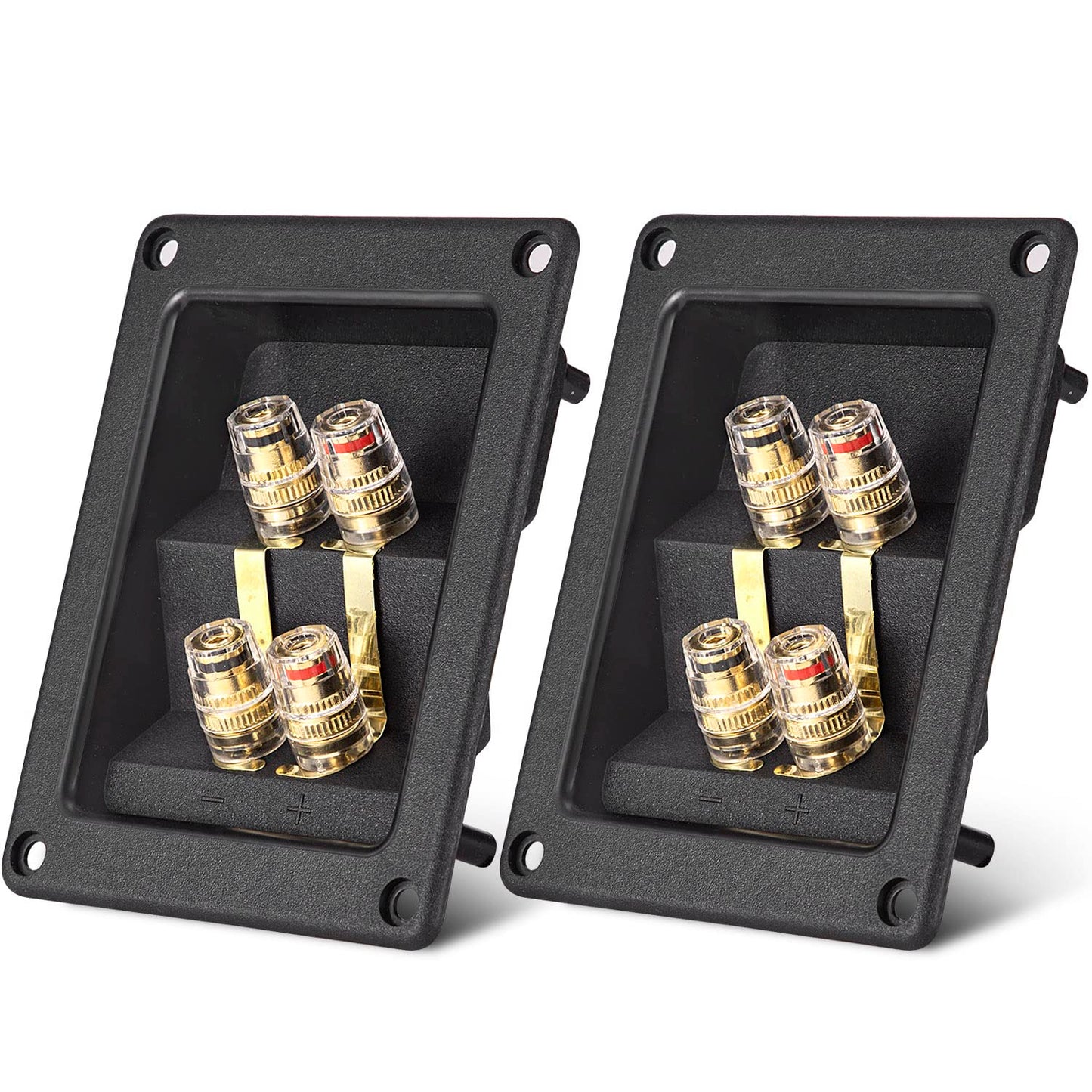 Facmogu 2PCS Rectangle 4-Way Speaker Terminal Box, Gold-Plated Binding Post Terminal Cable Connector for DIY Applications, Terminal Cups with 2 Pairs Banana Plug Socket Connector & 4PCS Screws