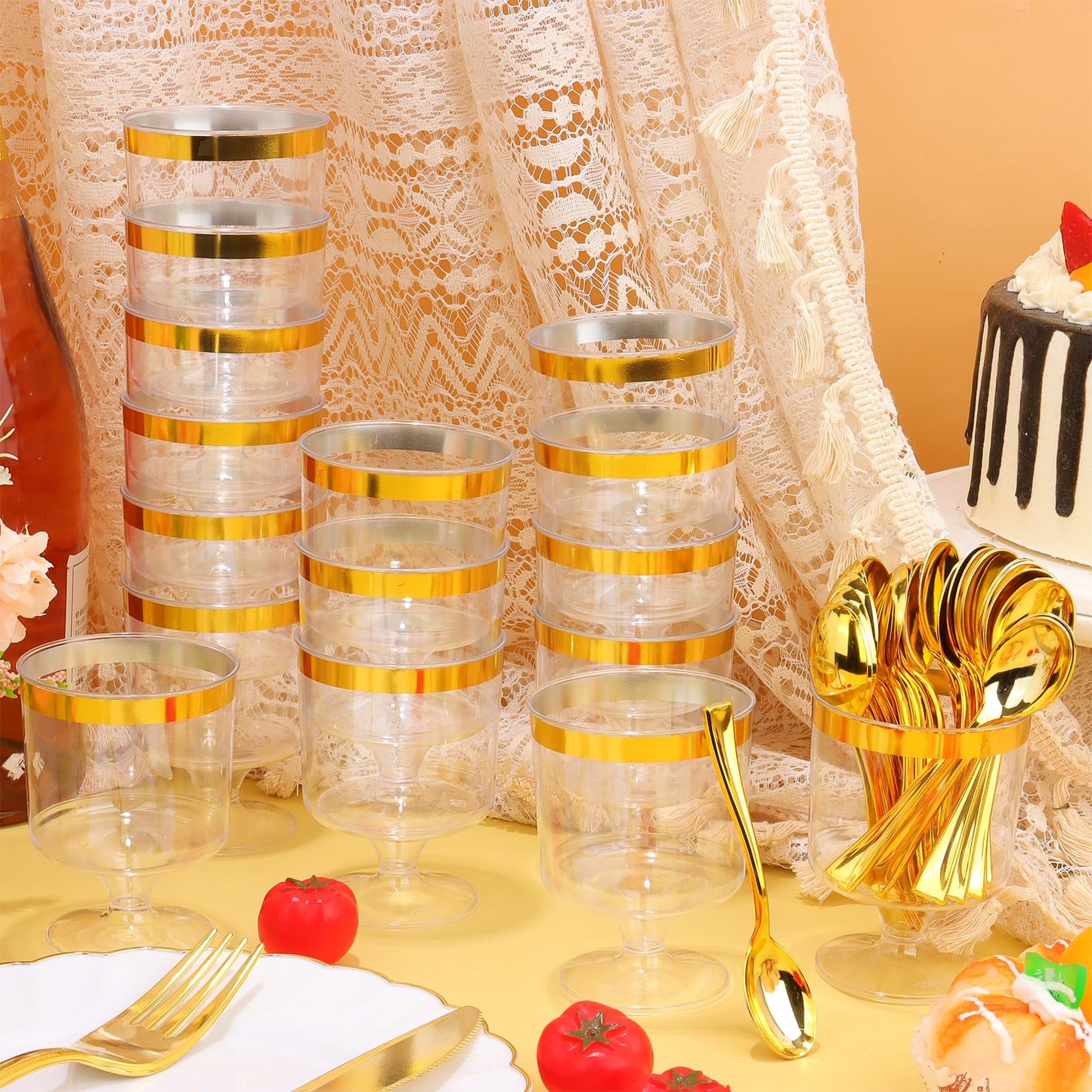 DI QIU REN 120 Pcs 5oz Dessert Cups with Gold Rim and Golden Spoon, Plastic Dessert Parfait Cup Clear Appetizer Pudding Cup, Round Serving Goblet Cups Shot Glasse (Round Goblet with Gold Rim-60Pack)