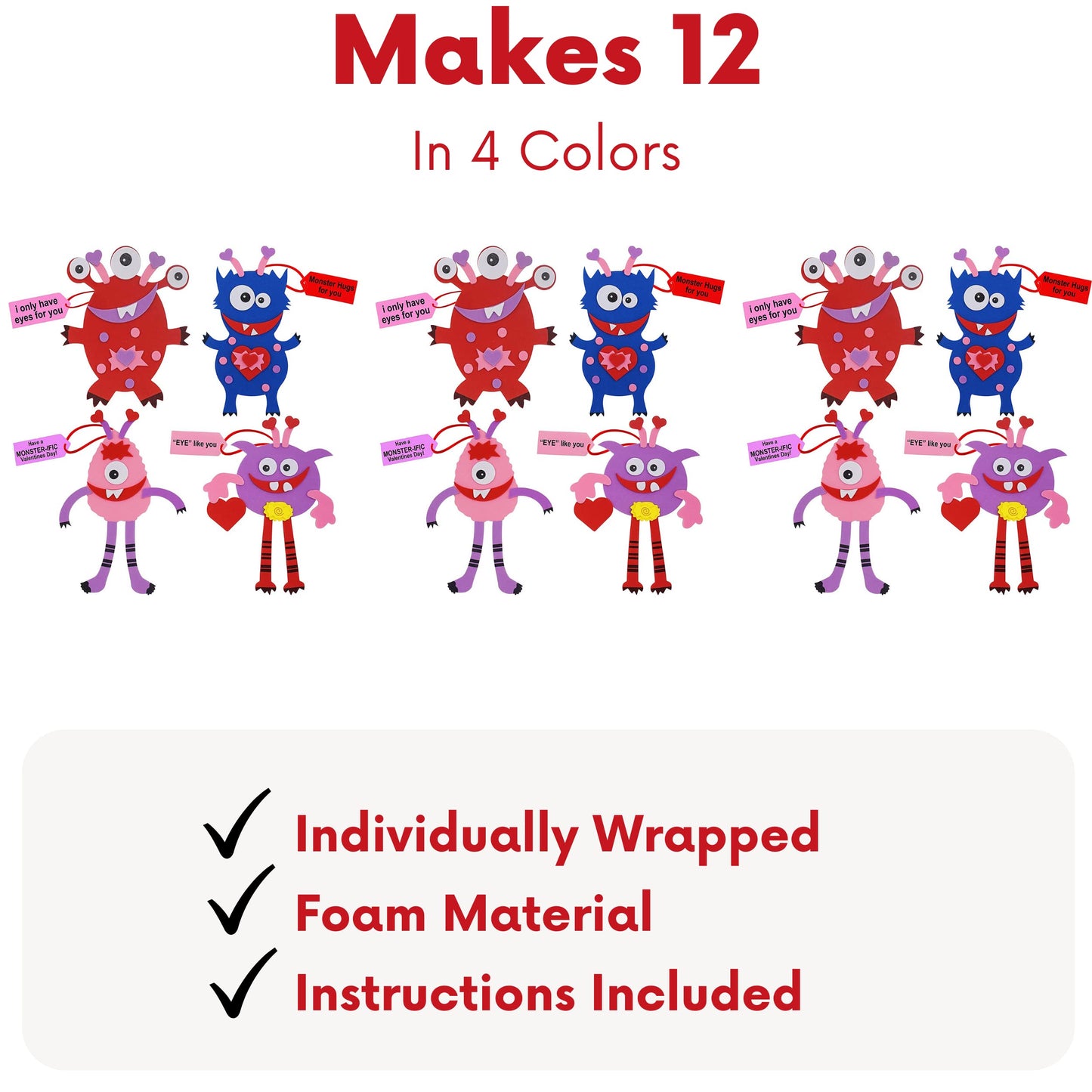 4E's Novelty Valentines Monster Craft Ornament (12 Pack) Foam Valentines Day Crafts for Kids Classroom DIY Valentines Day Card for Kids Bulk - Individually Wrapped, Fun Activity