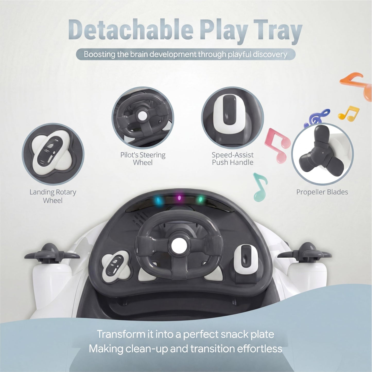 TODECARE 7 in 1 Baby Walker, Foldable Jumper Activity Center with Adjustable Height, Music, Lights, Speed Control, Detachable Play Tray, Infant Push Walker with Wheels for Boys Girls (Gray)