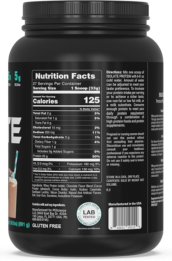 PEScience Isolate Whey Protein Powder, Gourmet Chocolate, 27 Servings, 100% Whey Protein Isolate, Low Carb, Fast Absorbing, Post Workout, Clean Protein for Women and Men