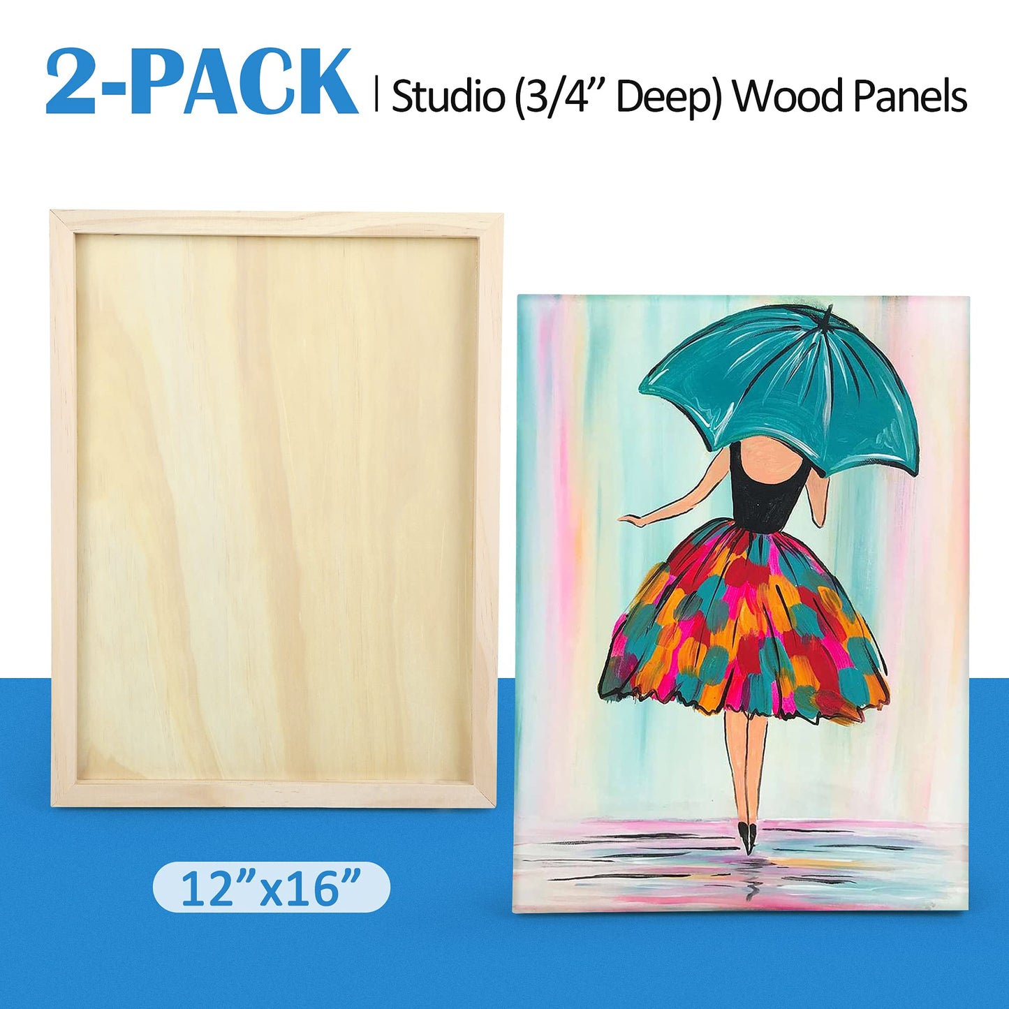 Falling in Art Unfinished Birch Wood Panels Kit, 2 Pack of 12x16’’ Studio 3/4’’ Deep Cradle Boards for Pouring Art, Crafts, Painting, and More