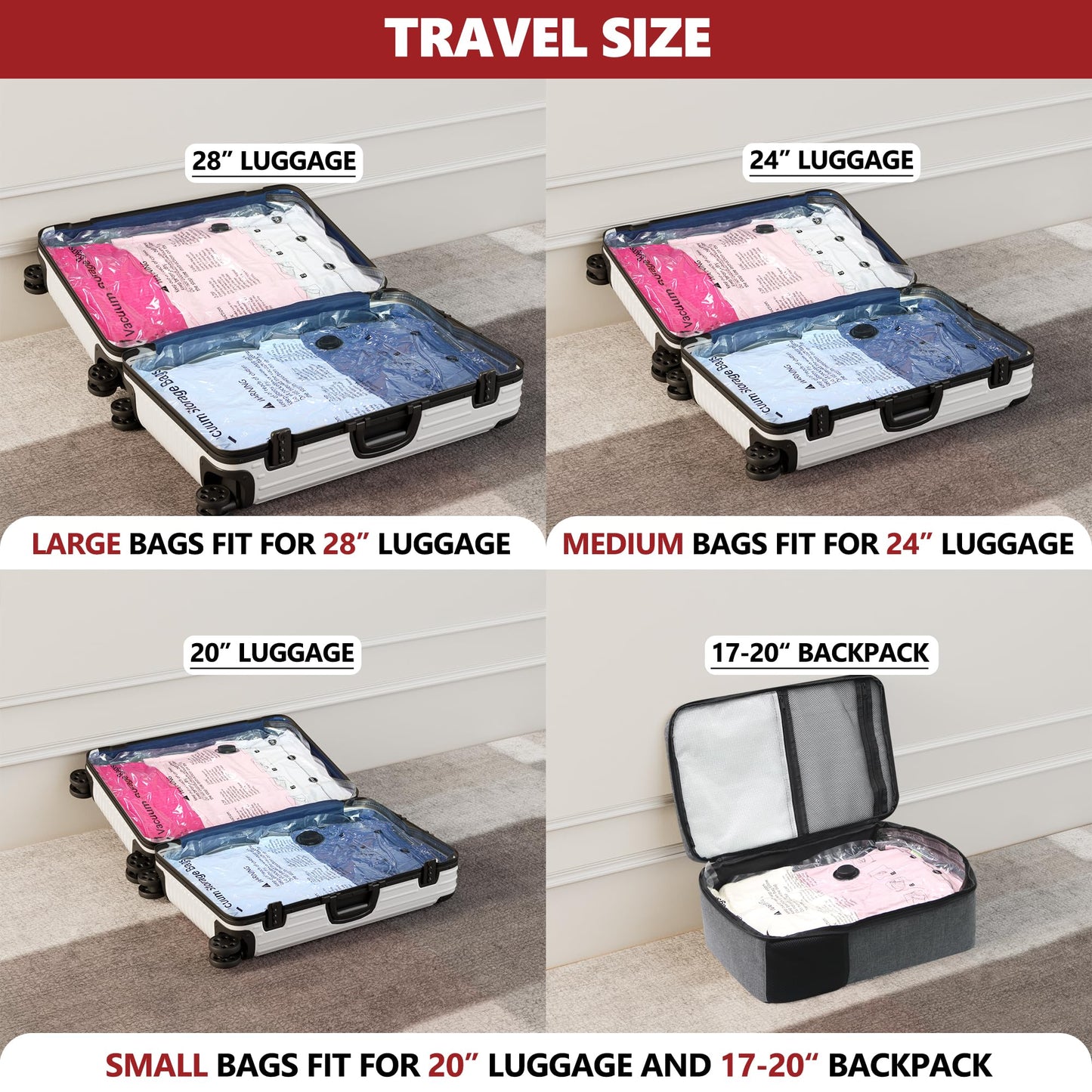 Vacuum Bags for Travel with Rechargeable Pump, 12 Combo (4L/4M/4S) Compression Packing Seal Bags for Luggage Suitcase, Space Saver for Clothing and Clothes Storage Travel