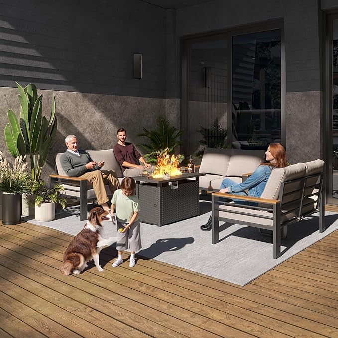 Aoxun Aluminum Outdoor Patio Furniture Set, 7 Seats Outdoor Sectional with Fire Pit Table, Patio Conversation Sets with Upgraded Armrests and Cushions for Backyard, Garden and Poolside（Grey）