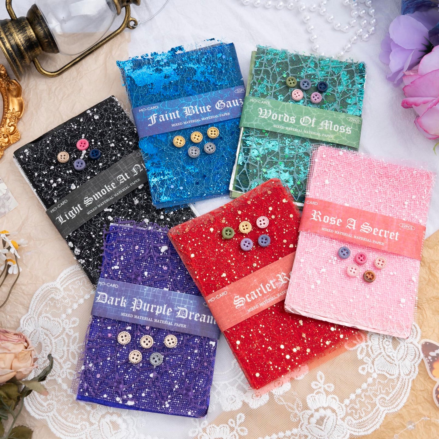 132 Sheets Textured Scrapbook Paper and Mesh Fabric Assorted Set, 6 Pack Mixed Special Paper for Scrapbooking Planner Bullet Junk Journal Supplies 5.5x4 Inch