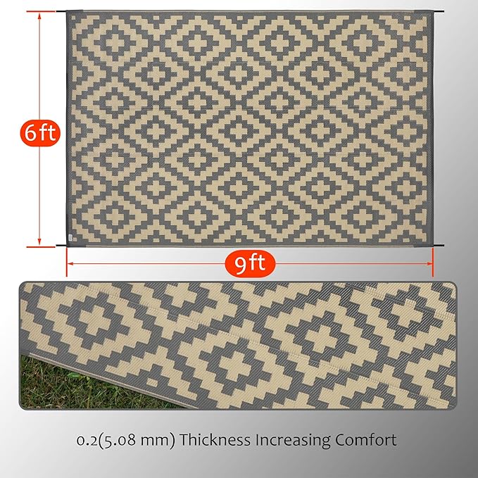 SAND MINE 6 x 9 Ft Reversible Mats, Plastic Straw Rug, Modern Area Rug, Large Floor Mat and Rug for Outdoors, RV, Patio, Backyard, Deck, Picnic, Beach, Trailer, Camping, Grey & Tan
