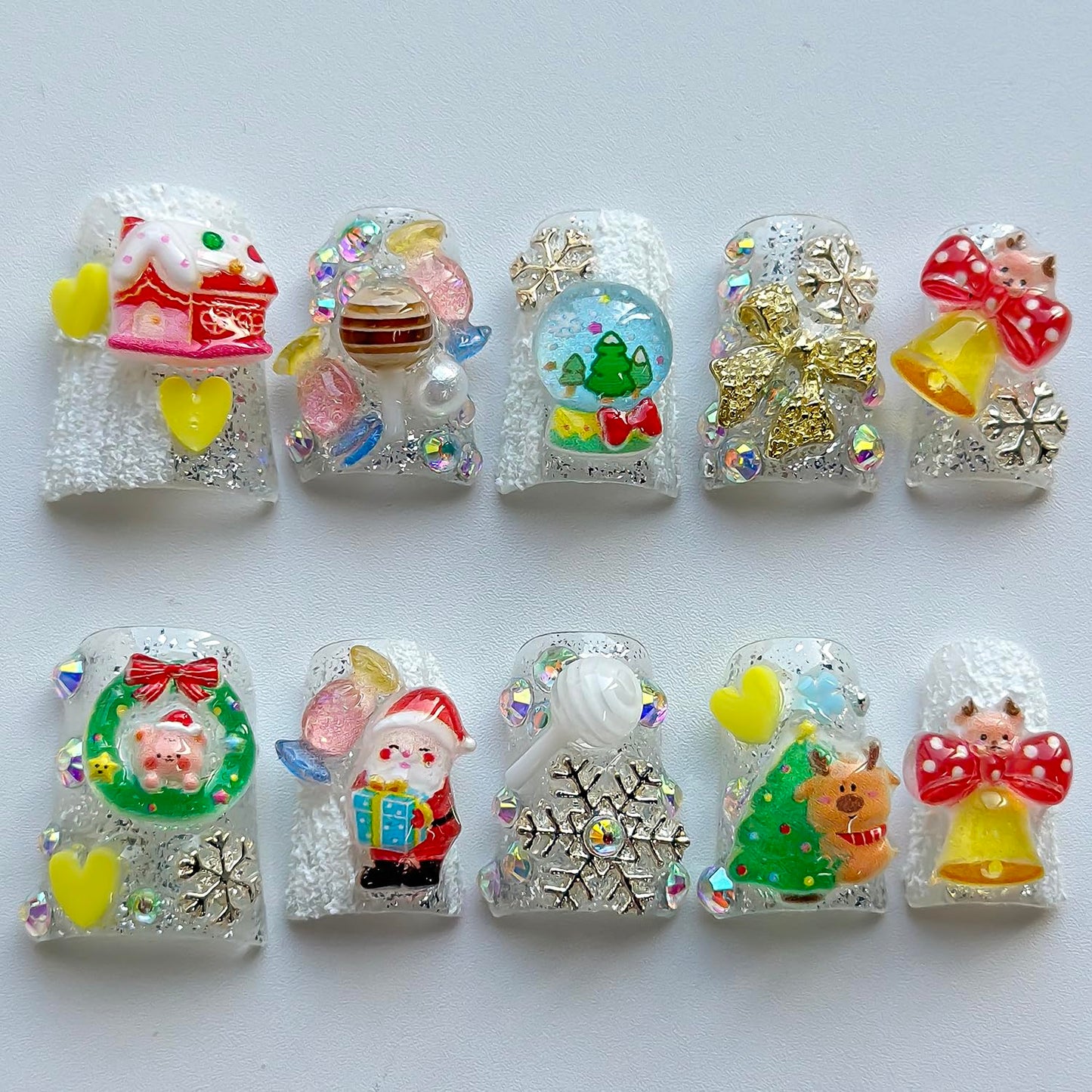 Christmas Luxury Press on Nails Short Duck Handmade 3D Unique Reusable ABS Material Fake Nails Cute False Nails with Santa Reindeer Tree Snowflake Bow Glossy Glue on Nail Thick Acrylic Nail(M)