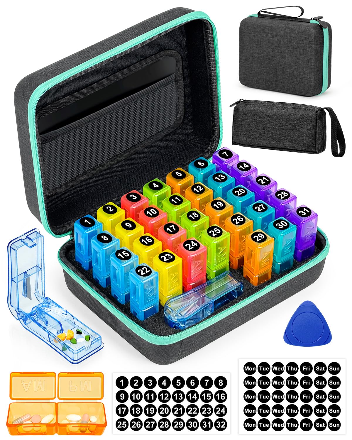 YONLOG Monthly Pill Organizer 2 Times a Day, with Portable Hard Shell, Pill Cutter, 31-Day Box, Plastic Opening Pick, Monthly & Weekly Stickers, Convenient Medication Management (Green, 2 Times a Day)