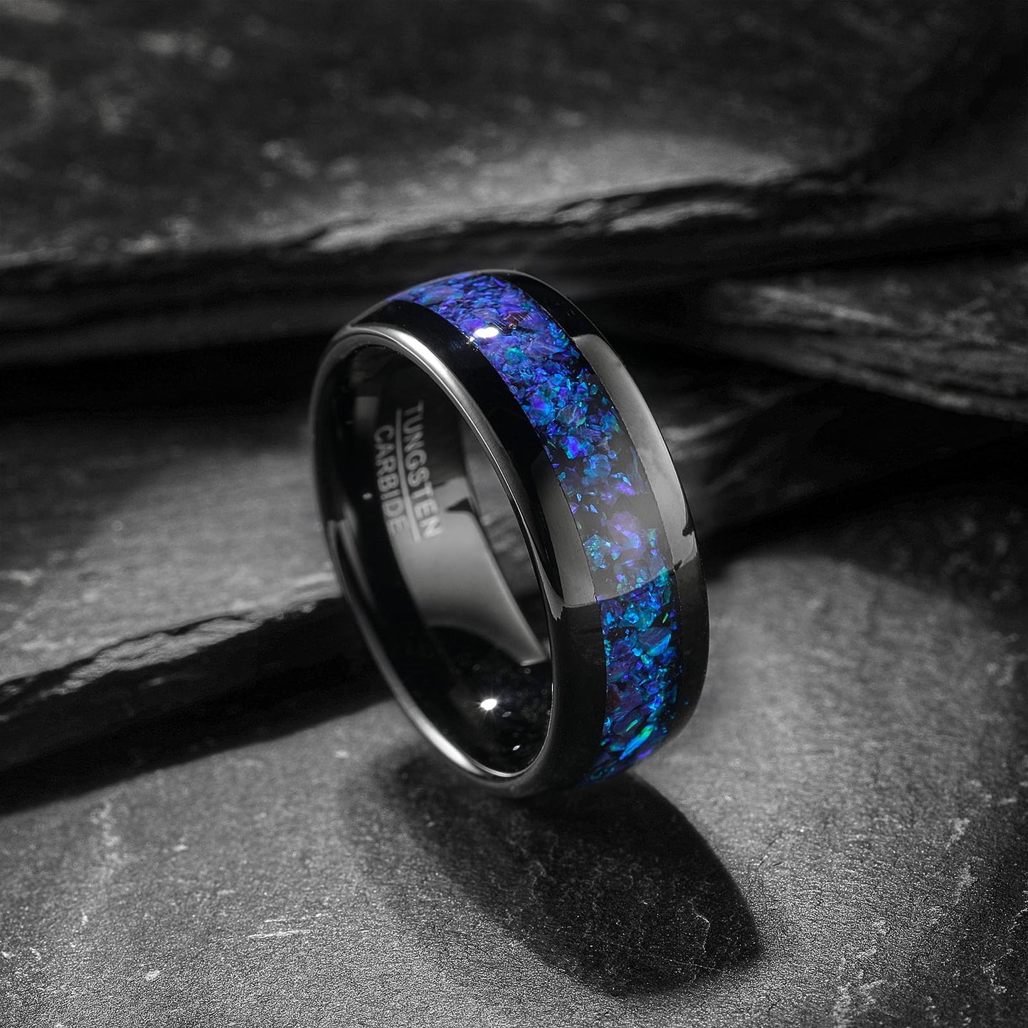 NUNCAD Wedding Rings for Men Opal Ring Tungsten Blue Black Wedding Band 8mm Dome Polished Finish Comfort fit Sizes 9