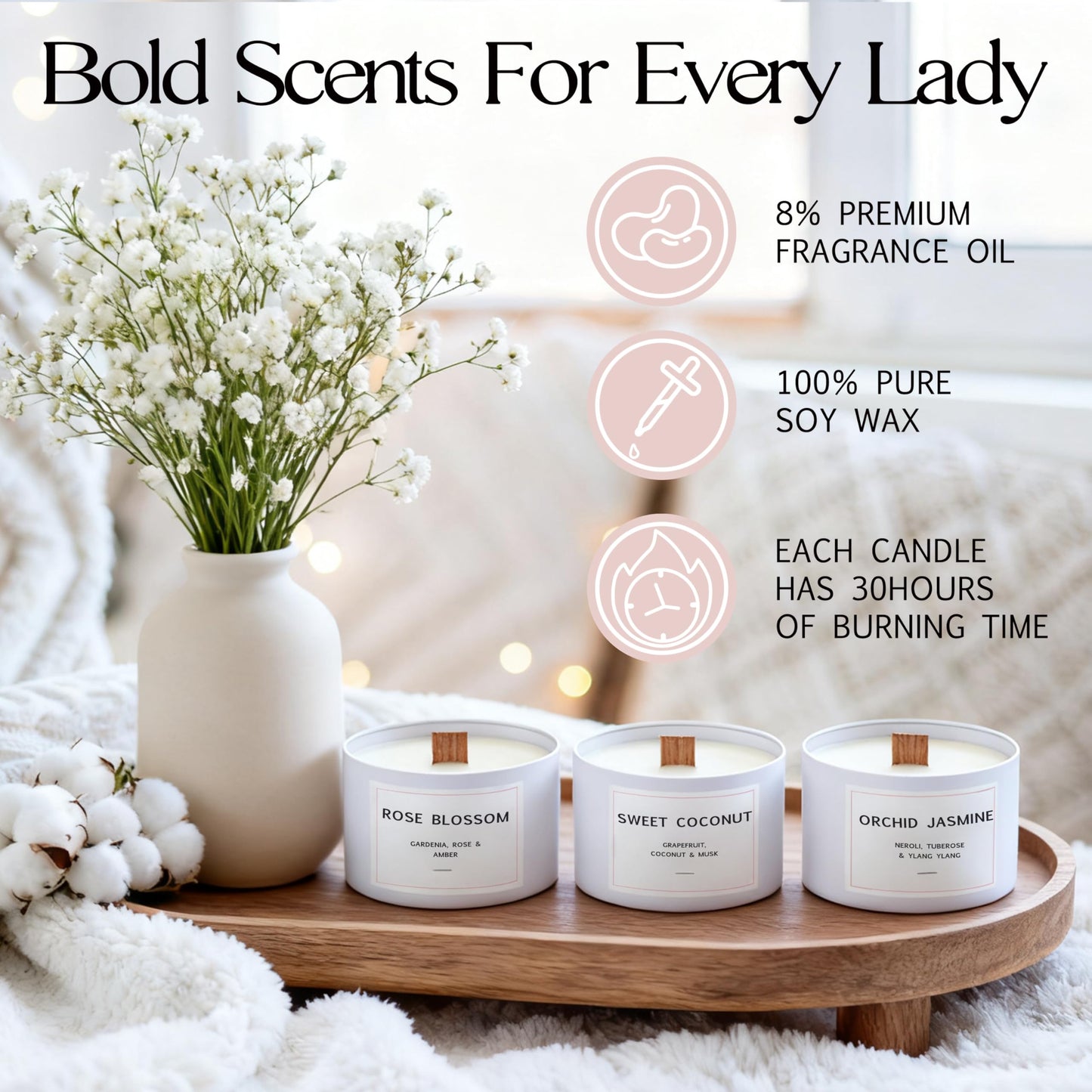 Luxury Candle Gift Set for Women – Luxury Candle Box with 3 Scented Soy Candles in Pink Box – Mother's Day, Birthday & Housewarming Gift