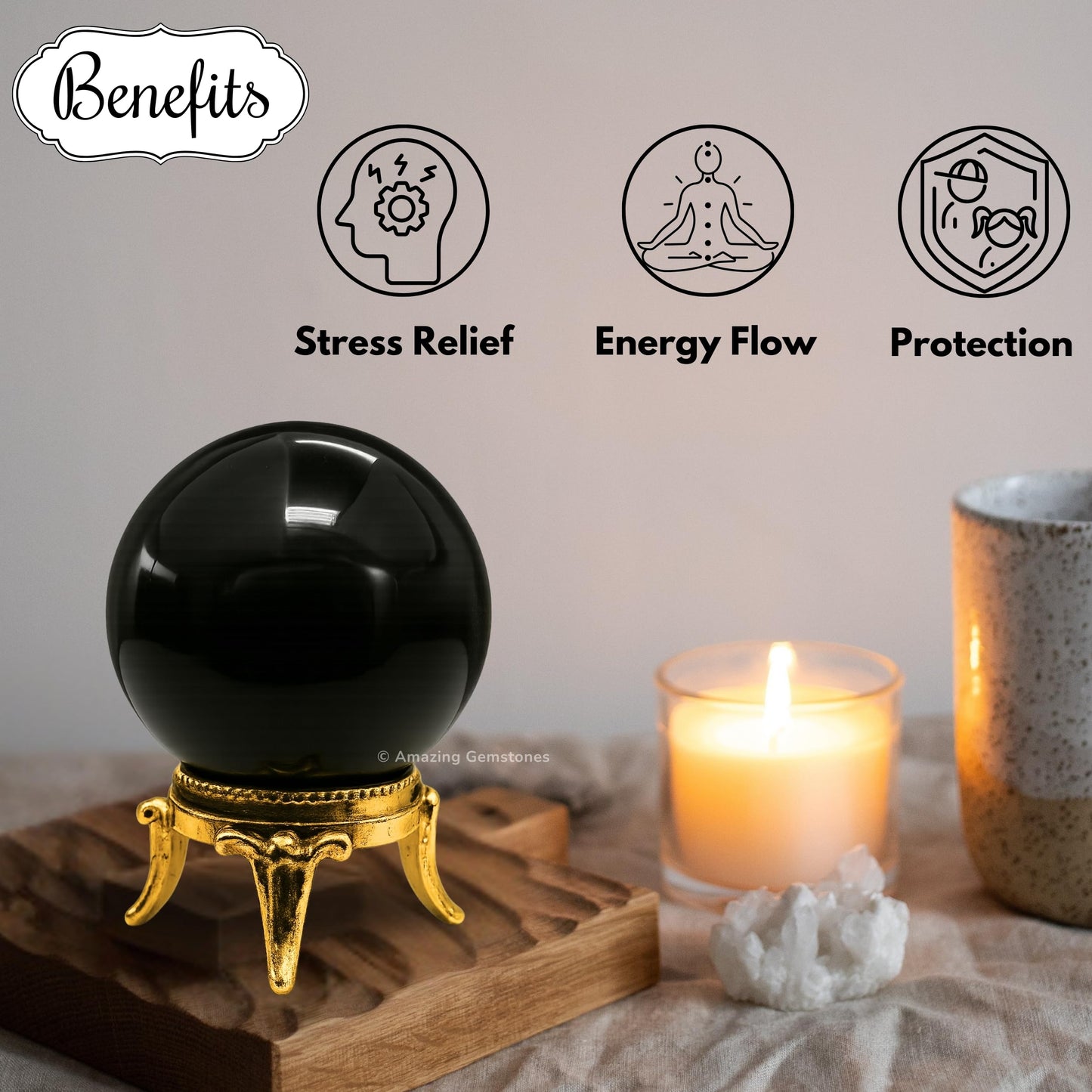 Amazing Gemstone Black Agate Crystal Ball with Stand - 2" Inches Crystal Sphere Meditation Balls for Witchcraft and Decorative Balls