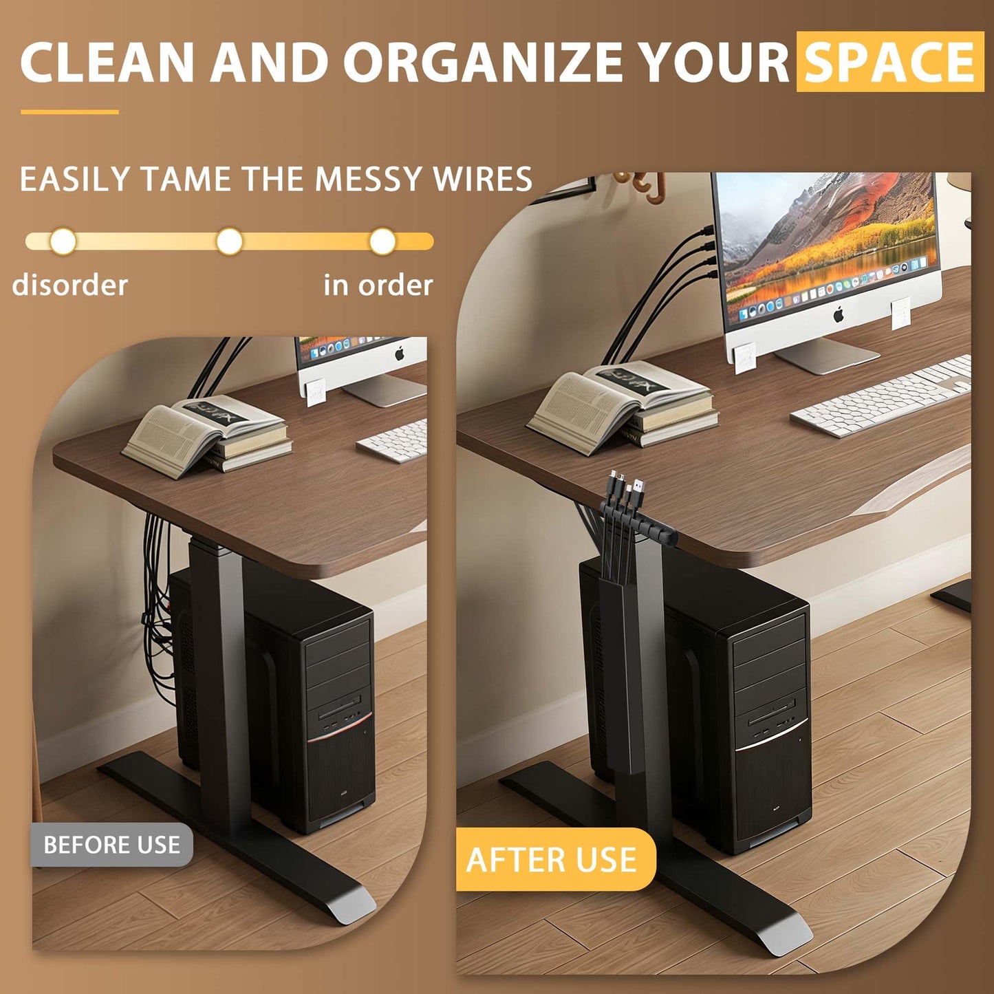 2 Pack Steel Magnetic 14-Inch Cable Management Channels for Under Desk Leg, No Drill Cord Organizer Cover & Wire Hider Cover with Adhesive Cable Tie, Cable Organizer Kit for Home Office & Gaming Desk