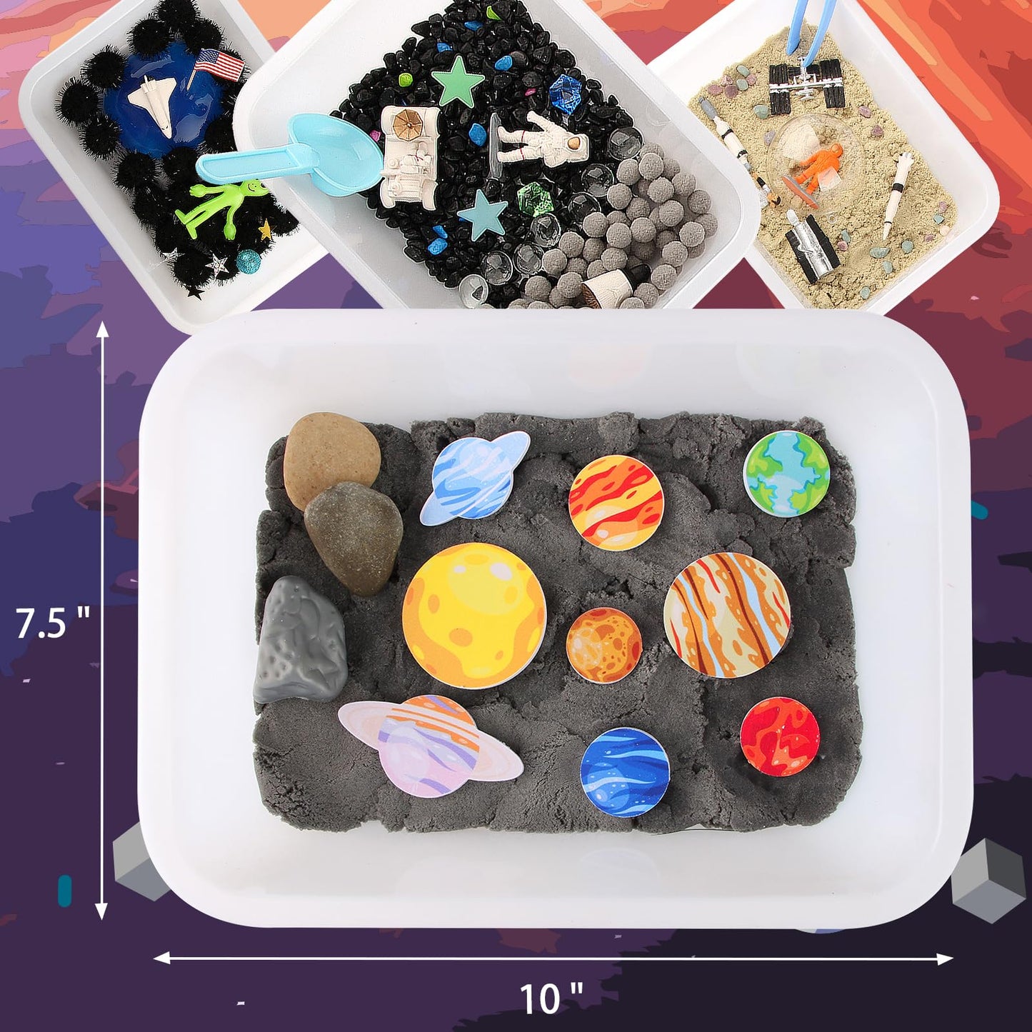 Space Themed Sensory Bin Filler,Planet Toys for Kids, Universe Solar System for Autistic Children, Space Astronauts Sensory Toys for Toddlers with 9 Planets, Sand, 3 Tools and More
