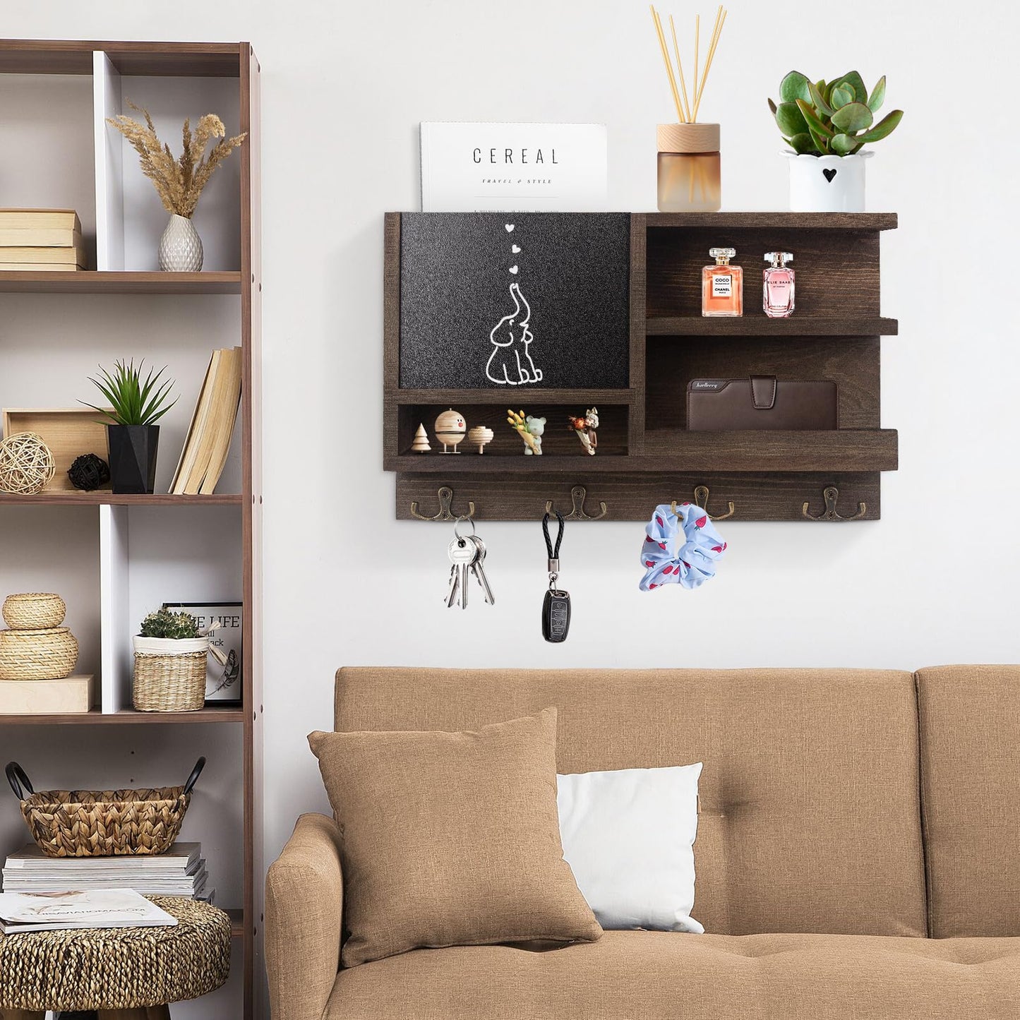 WEWEOW Key Holder for Wall, Mail Organizer Wall Mount with Key Hooks and Chalkboard & Mirror for Sunglasses Storage and Dog Leash Hanger, Decorative with 4 Double Hooks