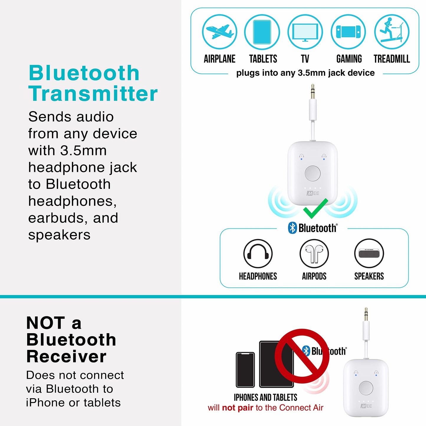 MEE audio Connect Air in-Flight Bluetooth Wireless Audio Transmitter Adapter for up to 2 AirPods / Other Headphones; Works with All 3.5mm Aux Jacks on Airplanes, Gym Equipment, TVs, & Gaming Consoles