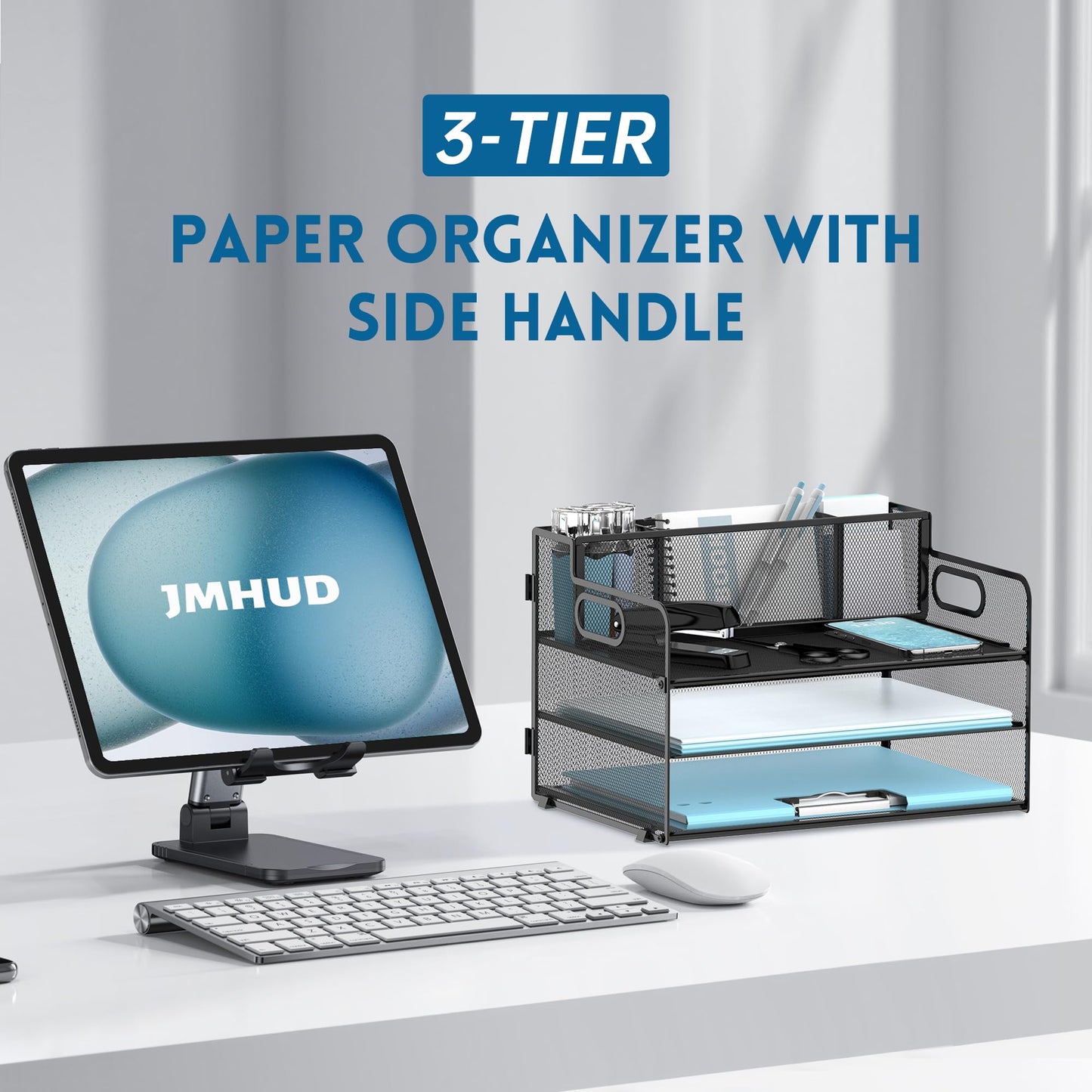 JMHUD 3 Tier Desk File Organizer with Pen Holder, Mesh Paper Tray File Organizer for Desk, Fold Holder with Handle for Office, Classroom, Home, Workspace(Black)