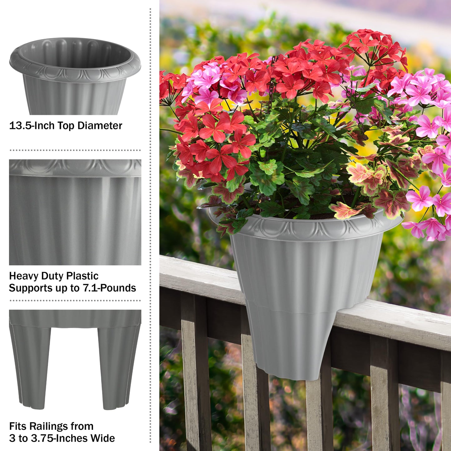 Railing Planter Box 2-Pack - 13.5-Inch Round Outdoor Flower Pots with Drainage Inserts - 2.64-Gallon Outdoor Planters for Porch, Deck, Fence, or Balcony Railings 3” - 3.75” Wide by Pure Garden (Gray)