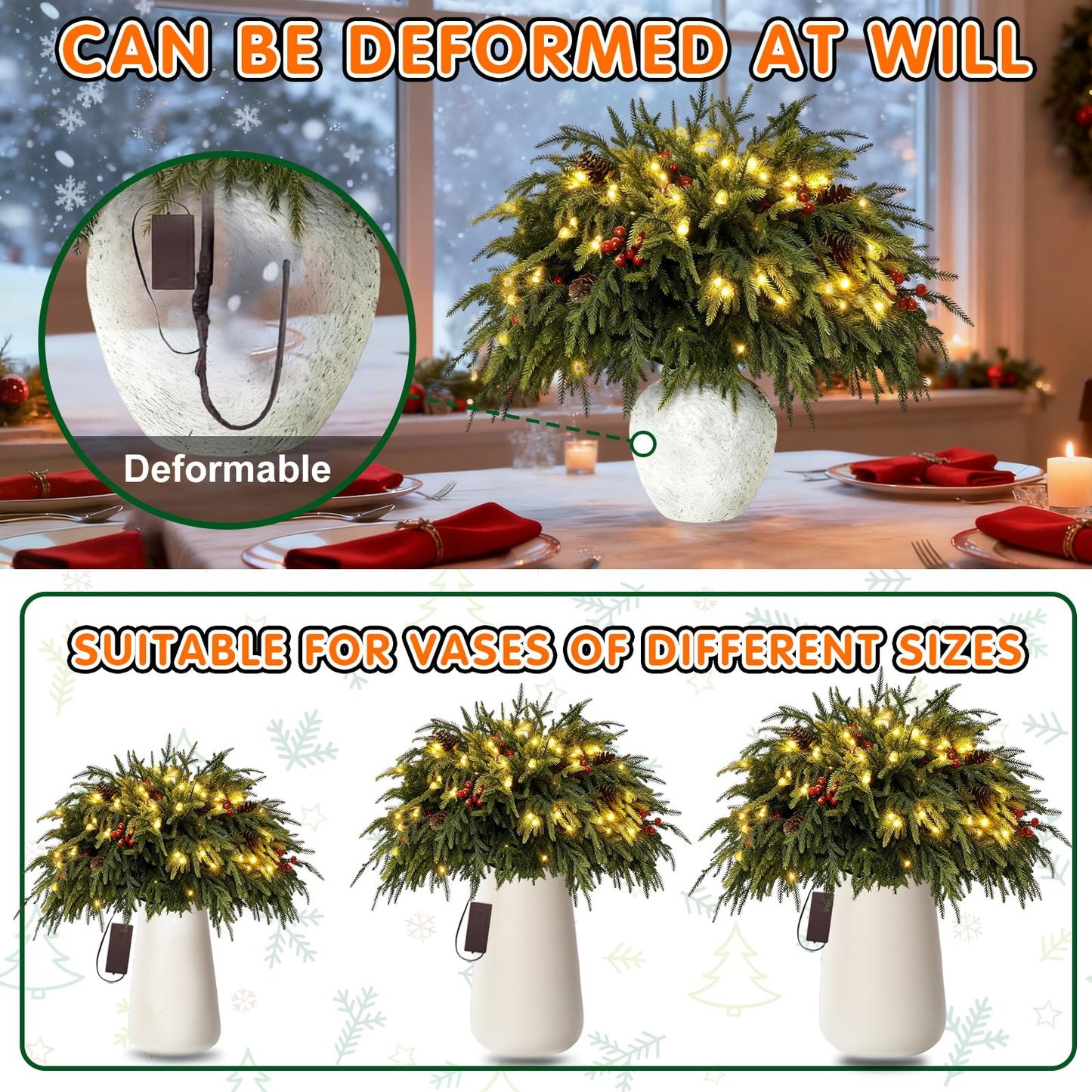NAYODEUS 22Pcs 23inch Christmas Norfolk Pine Branches, with a Branch stem lamp. Artificial Green Norfolk Pine Branch Plume, Suitable for DIY Handmade Wreaths and Home Decoration(with Light Strip).