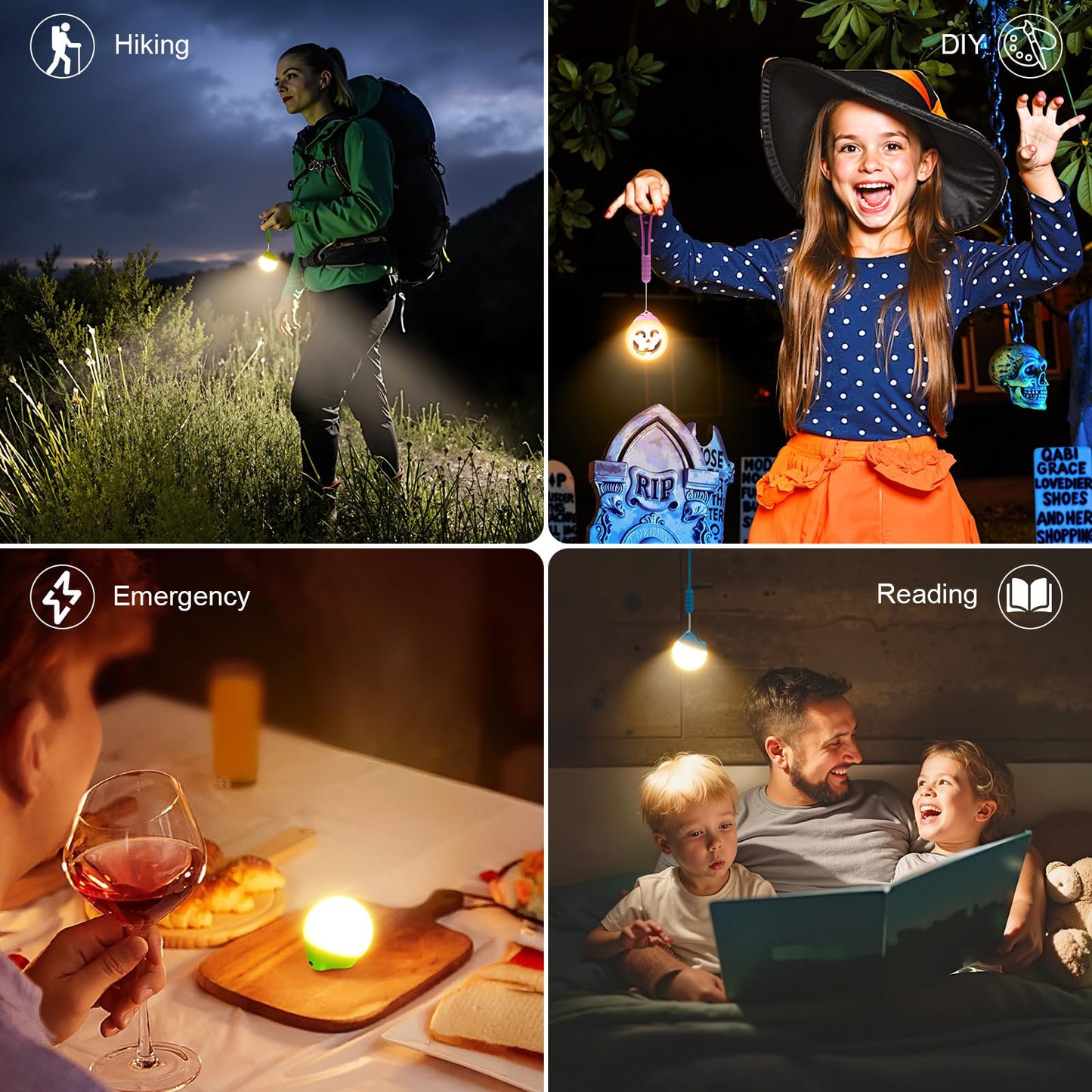 LETMY Rechargeable Camping Lights, 4 Pack Portable Tent Lights with 4 Lighting Modes, 150LM Mini Camping Lantern Waterproof, Only 20g Hanging Tent Lantern for Hiking Power Outages Emergency Kids Gift
