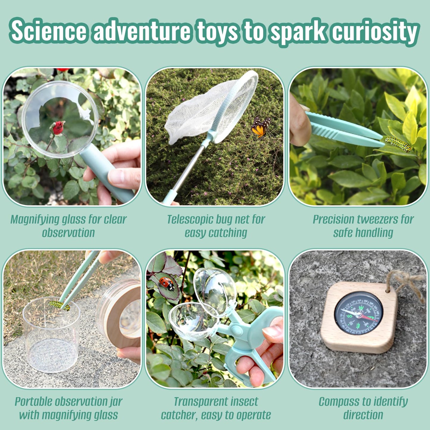 Wooden Bug Catcher Kit for Kids 3-8, 8 PCS Outdoor Explorer Kit with Bug Collector Toy Bugs Card Butterfly Net Magnifying Glass Insect Catcher Tweezers, Bug Catching Kit for Backyard & Camping