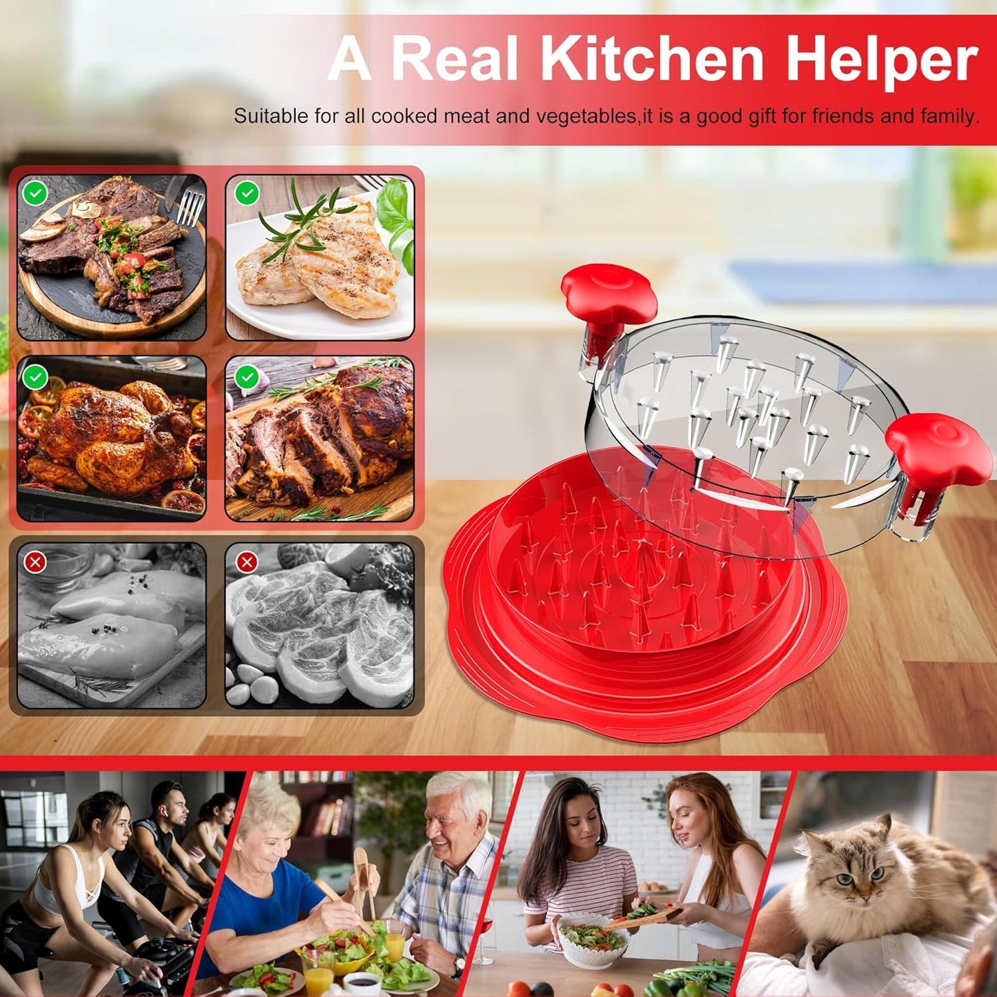 Chicken Shredder Tool Twist | Anti Slip BPA Free Meat Shredder Kitchen Accessories | Ergonomic Handle Meat Grinder | Dishwasher Safe Transparent Lid, Suitable for Tocas Pork Beef Chicken (Red)