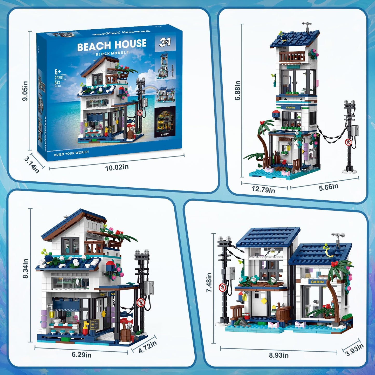 3 in 1 Japanese Style Building Set with Light, Creative Beach House, Lighthouse & Restaurant Model, Architecture Building Blocks Set, for Architecture Lovers