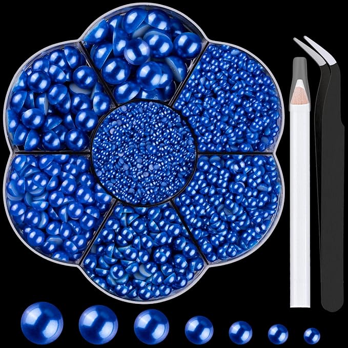 Nail Art Flat Back Half Round Pearl Kits 13, 1 Box of 6000 Pcs Flat-Back Royal Blue Pearl with Tweezer and Picker Pencil for Home DIY Nails Body Face Craft and Salon Use