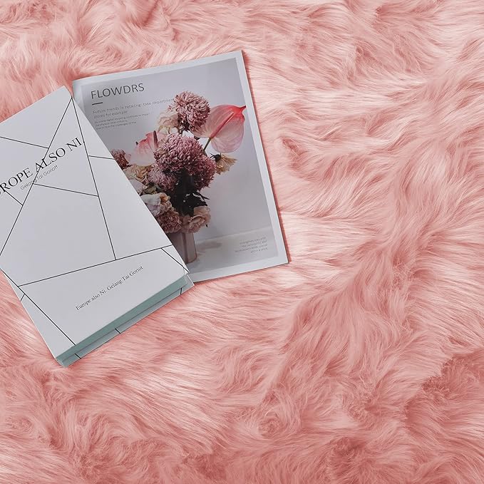 Goolela Pink Area Rug 6x9 Fluffy Fuzzy Furry Sheepskin Rug for Girls Bedroom Faux Fur Shag Carpet Soft Plush Rectangle