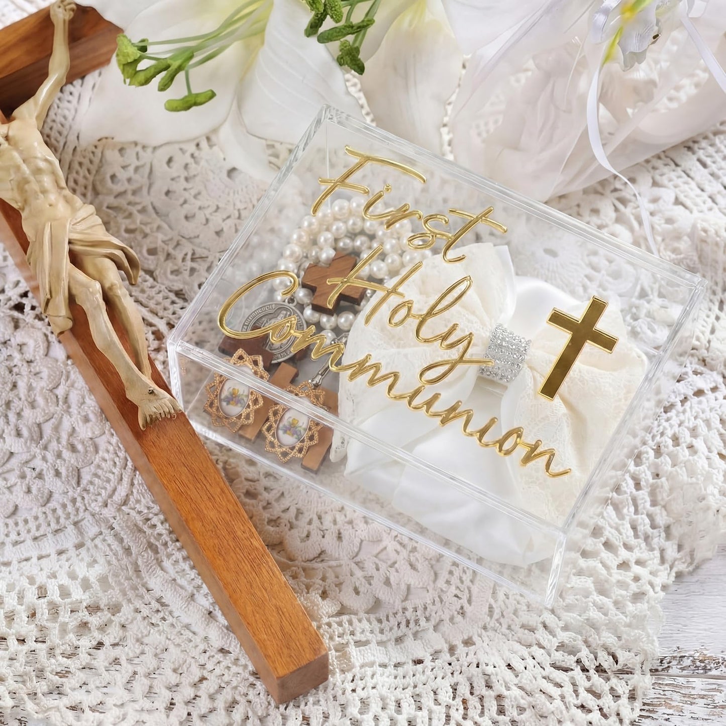 Fiwochic First Communion Keepsake Box Acrylic Baptism Memory Gift Box for Boy Girl Catholic Religious First Holy Communion Prayer Storage Gift for Rosary Jewelry Memento Photo, 8 x 5.5 x 2.36 Inch