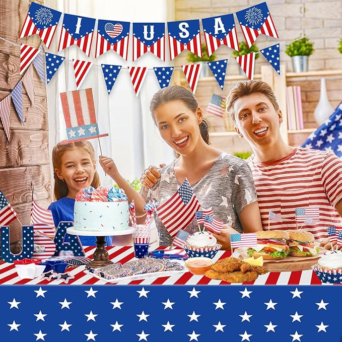 2 Pack 4th of July Tablecloth - Patriotic American Flag Table Cloth, Plastic Disposable Rectangle USA Star Stripe Table Cover for Memorial day, Fourth of July Independence Day Decorations, 54" x 108"