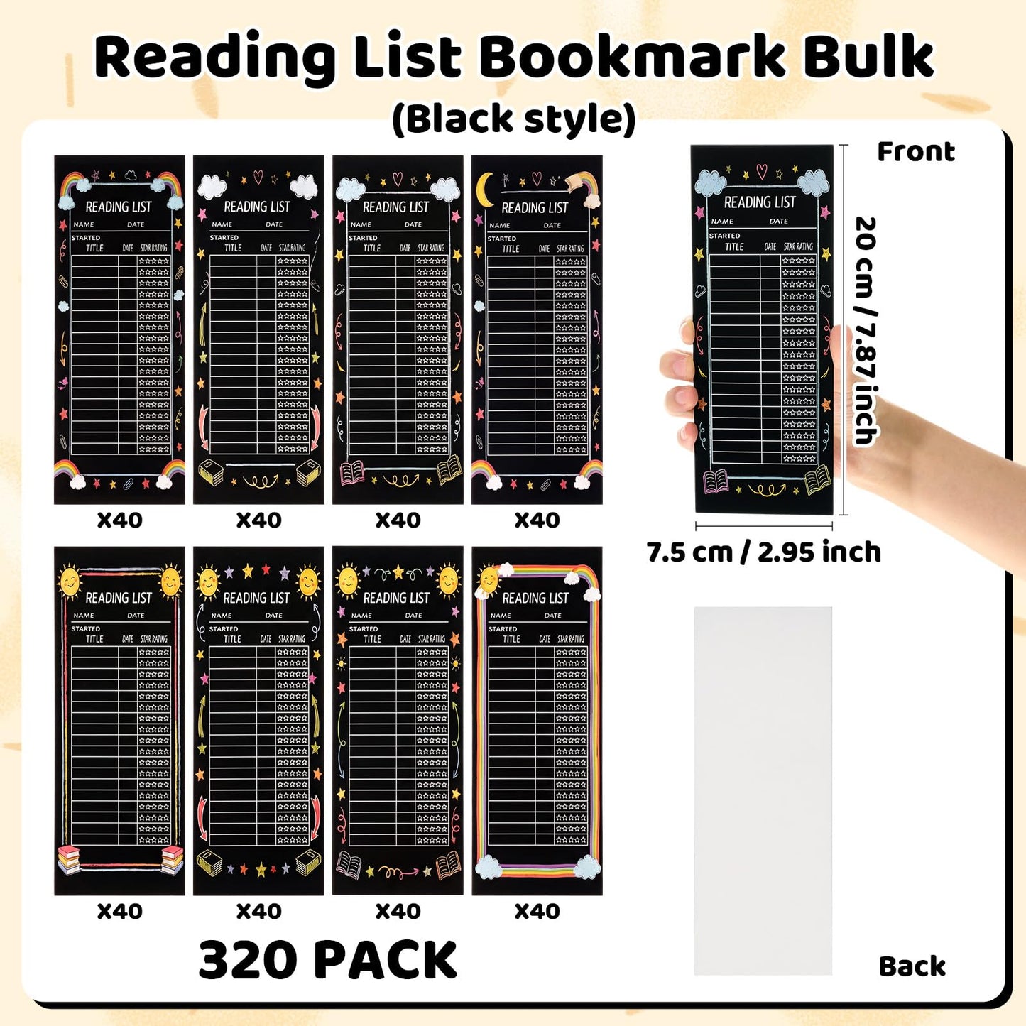 Resurhang 320 Pcs Black Reading List Bookmark Bulk 3 x 8 Inch Blank Personal Libraries Cards Reading Journal Log Book Review Bookmark Gifts Book Tracker Notecards for Library Accessories