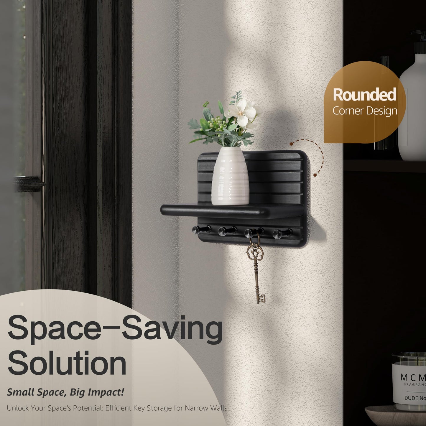 Rebee Vision Small Key Holder Wall Mount for Home Decor – Modern 7-inch Key Rack for Wall with 4 Sturdy Hooks & Mini Floating Shelf - Ideal Home Organization Solution for Small Space (Black)