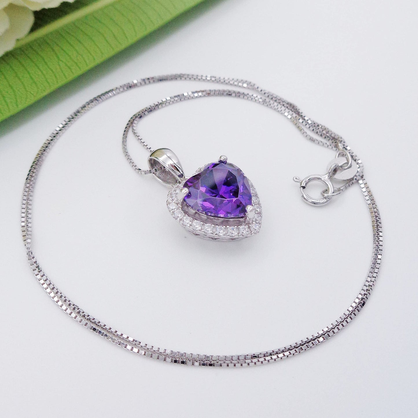 Navachi 925 Sterling Silver 18k White Gold Plated 3.7ct Heart Amethyst Az9305a Necklace Pendant 18"