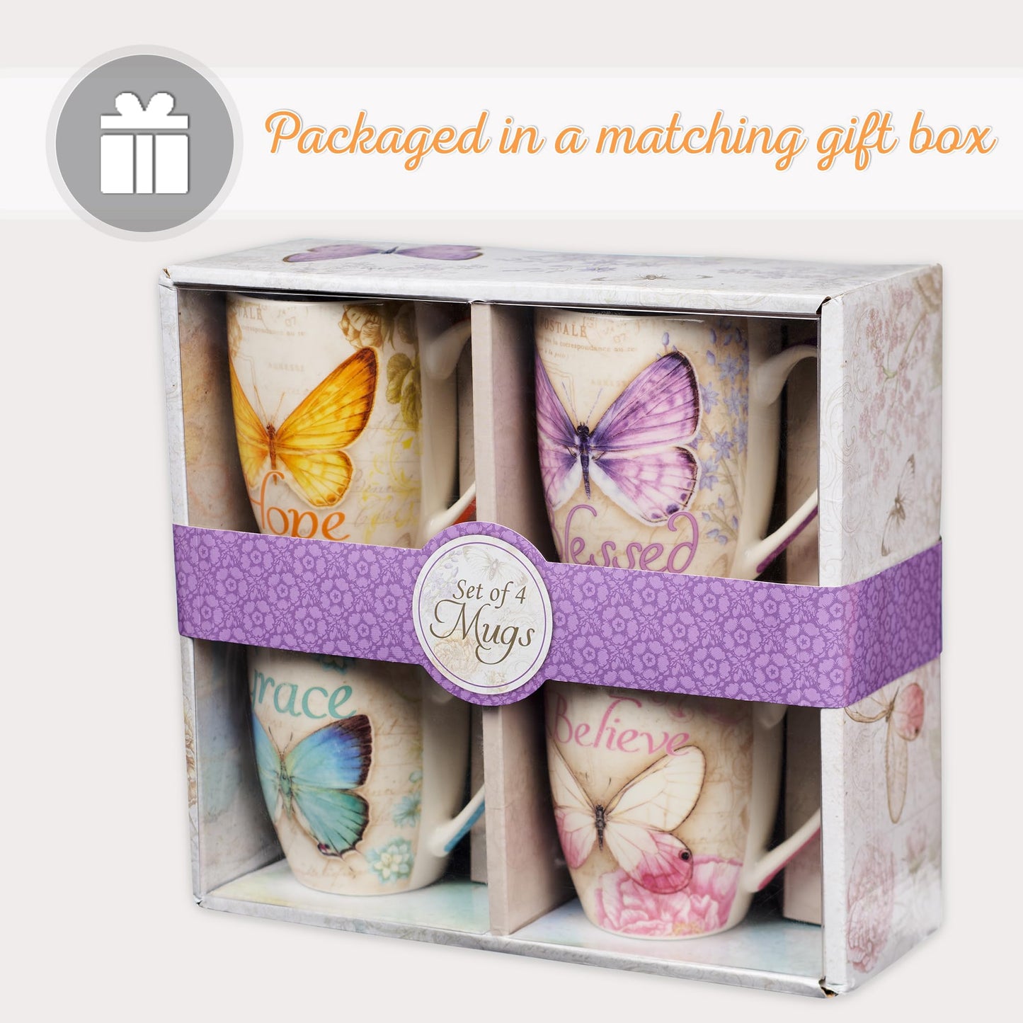 Christian Art Gifts Ceramic Mug Set-Butterflies (Set Of 4)