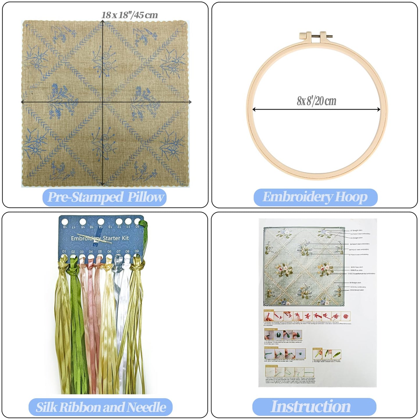 FONNUY Crewel Ribbon Embroidery Kit, Floral Pillow Covers, DIY Pillowcase Kits for Audlt Beginners, 18 x 18'' (Brown)