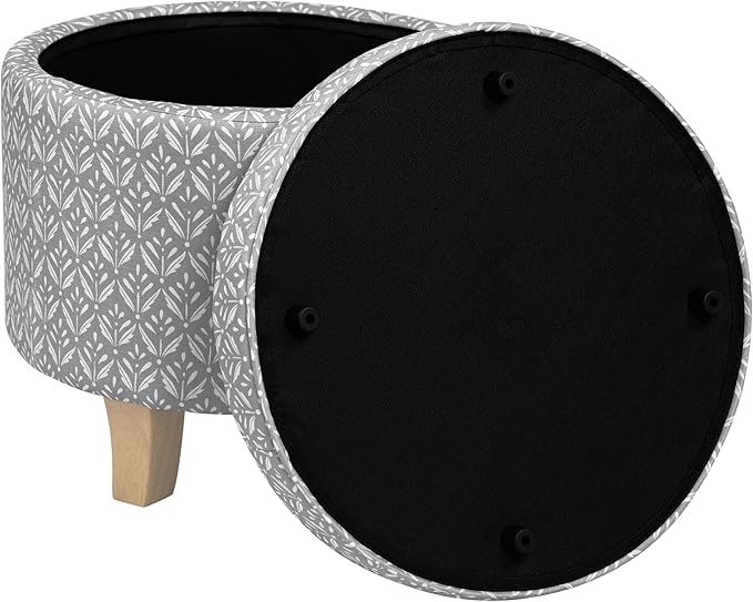 HomePop Upholstered Round Storage Ottoman Home Décor|Upholstered Round Foot Rest Ottoman - Light Grey Print Large