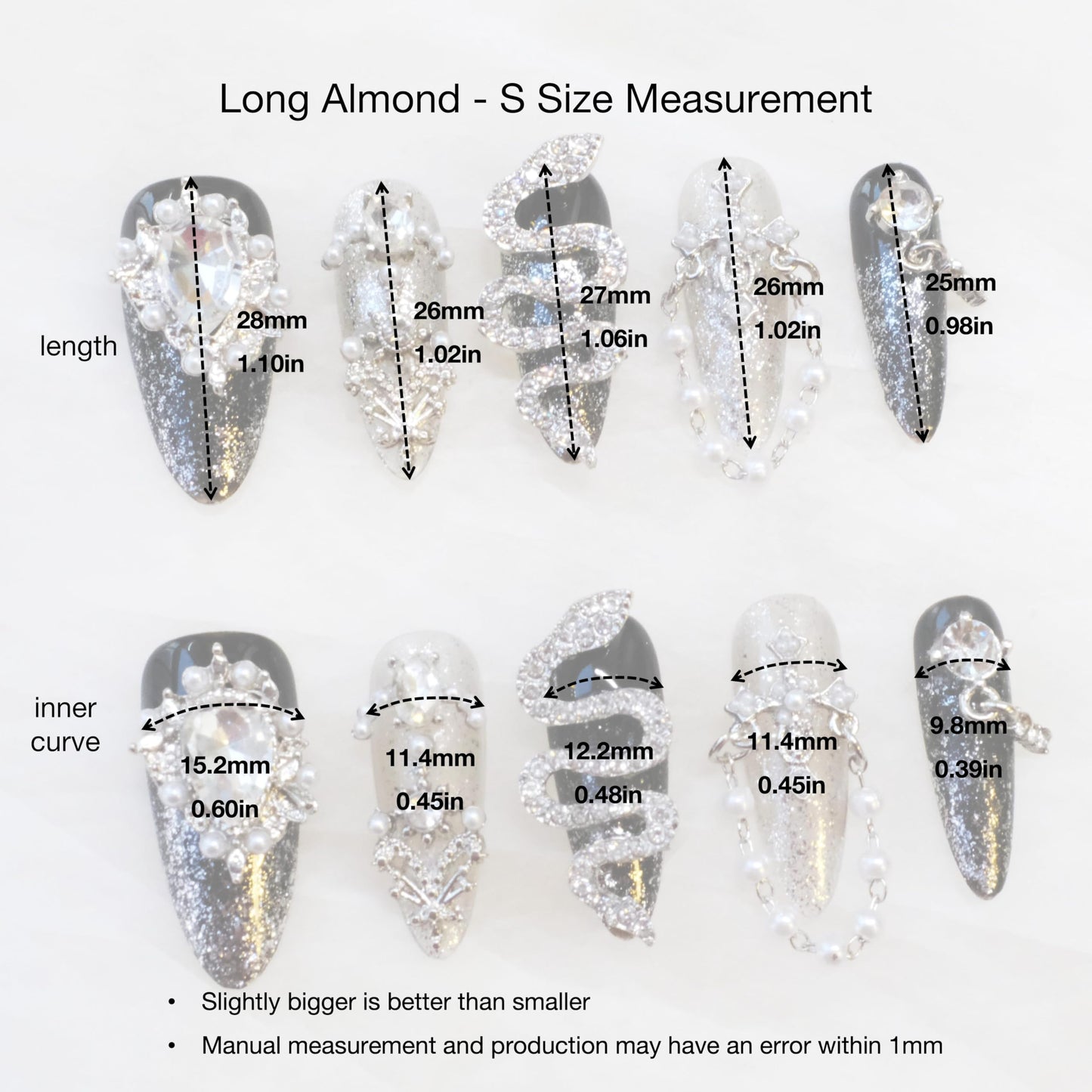 GLORS Luxury Long Almond Press-On Nails, Black and Silver Glitter with 3D Rhinestones and Pearl Accents, Handmade False Nail 10 Pieces (Small, LS)