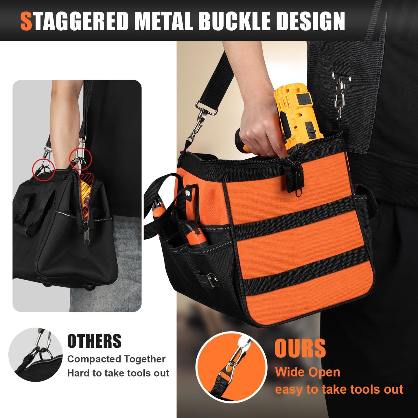 UUP Heavy Duty Tool Bag 15-Inch, 16-Pocket Portable Soft Tool Box Organizer Storage, Handle Tactical Carry Tote Empty Toolbox with Large Zipper, Father Day Dad Men Gift for Mechanic Engineer, Orange