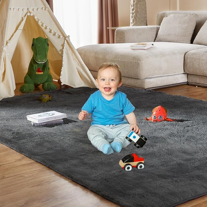 Large Area Rugs for Living Room, Super Luxury 8x10 Soft Fluffy Modern Bedroom Rug, Big Indoor Thick Soft Nursery Rug, Non-Skid Nursery Faux Fur Carpet for Kids Room Home Décor, Solid Gray
