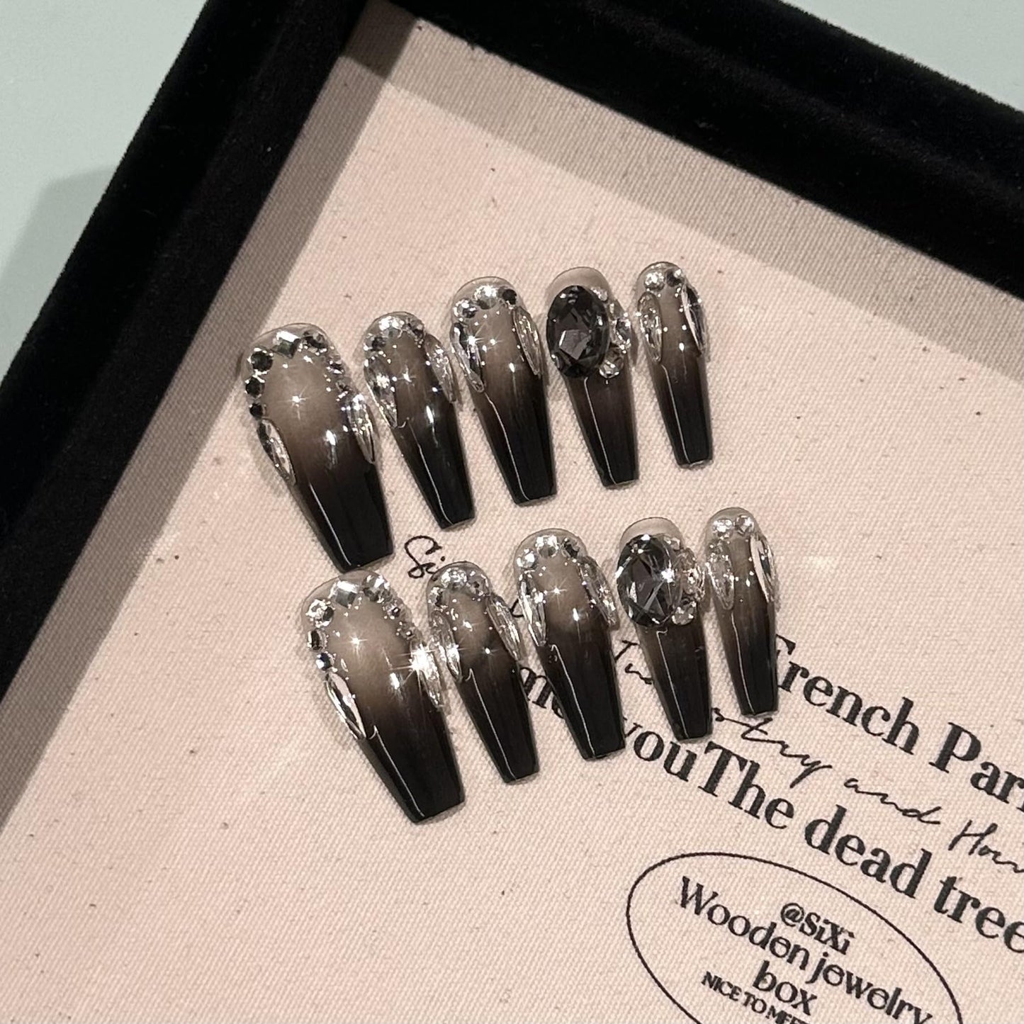 GLORS Long Ballerina Press-On Nails, Black Gradient with Silver Diamond Design, 10 Pieces (Small, LS)
