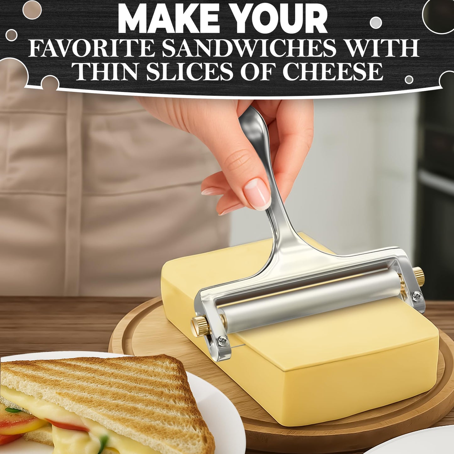 Cheese Slicer Wire - Sharp & Strong Stainless Steel Cheese Cutter Handheld with 2 Extra Wires, Slice Tickness Adjuster, Comfortable Handle & Dishwasher Safe, for Mozzarella, Cheddar & Gruyere Slicing