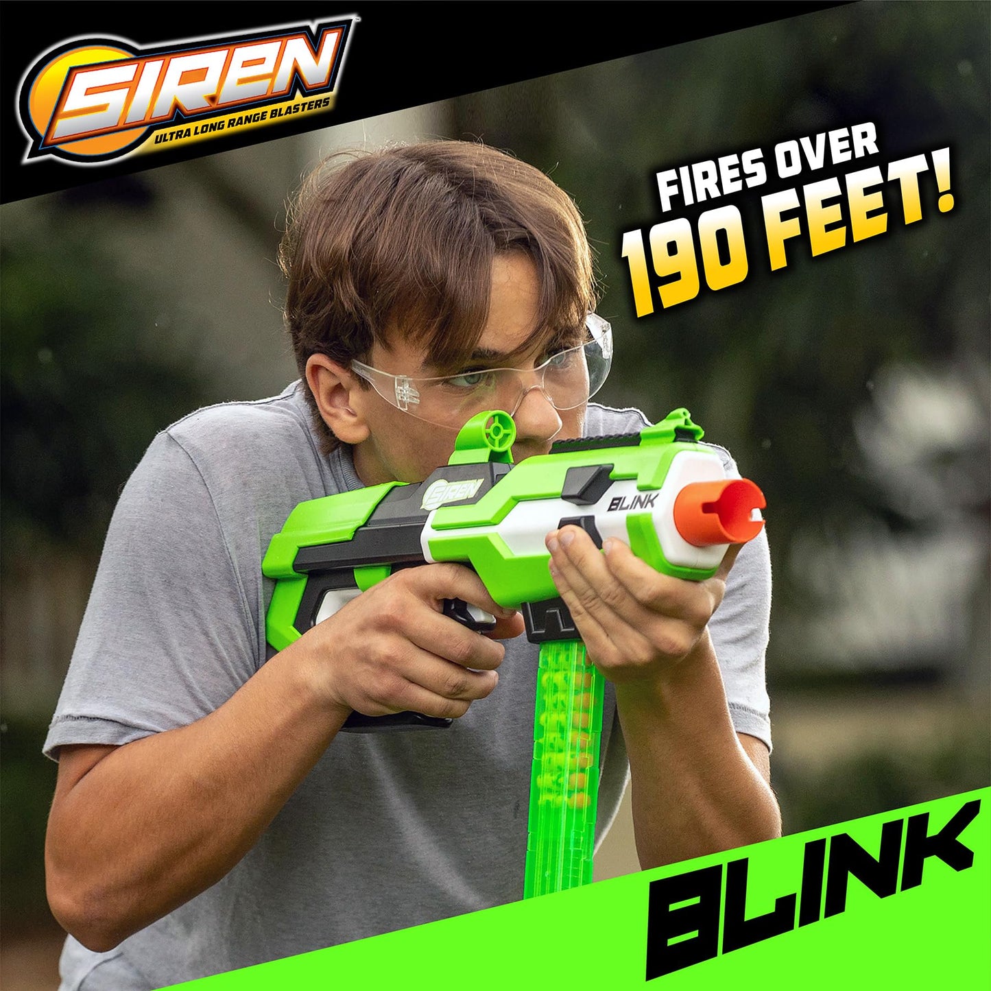 Siren Blasters Blink Motorized Rapid-Fire Ultra Long Range Foam Dart Blaster, Single Shot, Burst or Fully Auto Flywheel Launcher,190 Ft Range, 200 FPS, 20-Dart Mag, Rechargeable LiPo Battery, Ages 14+