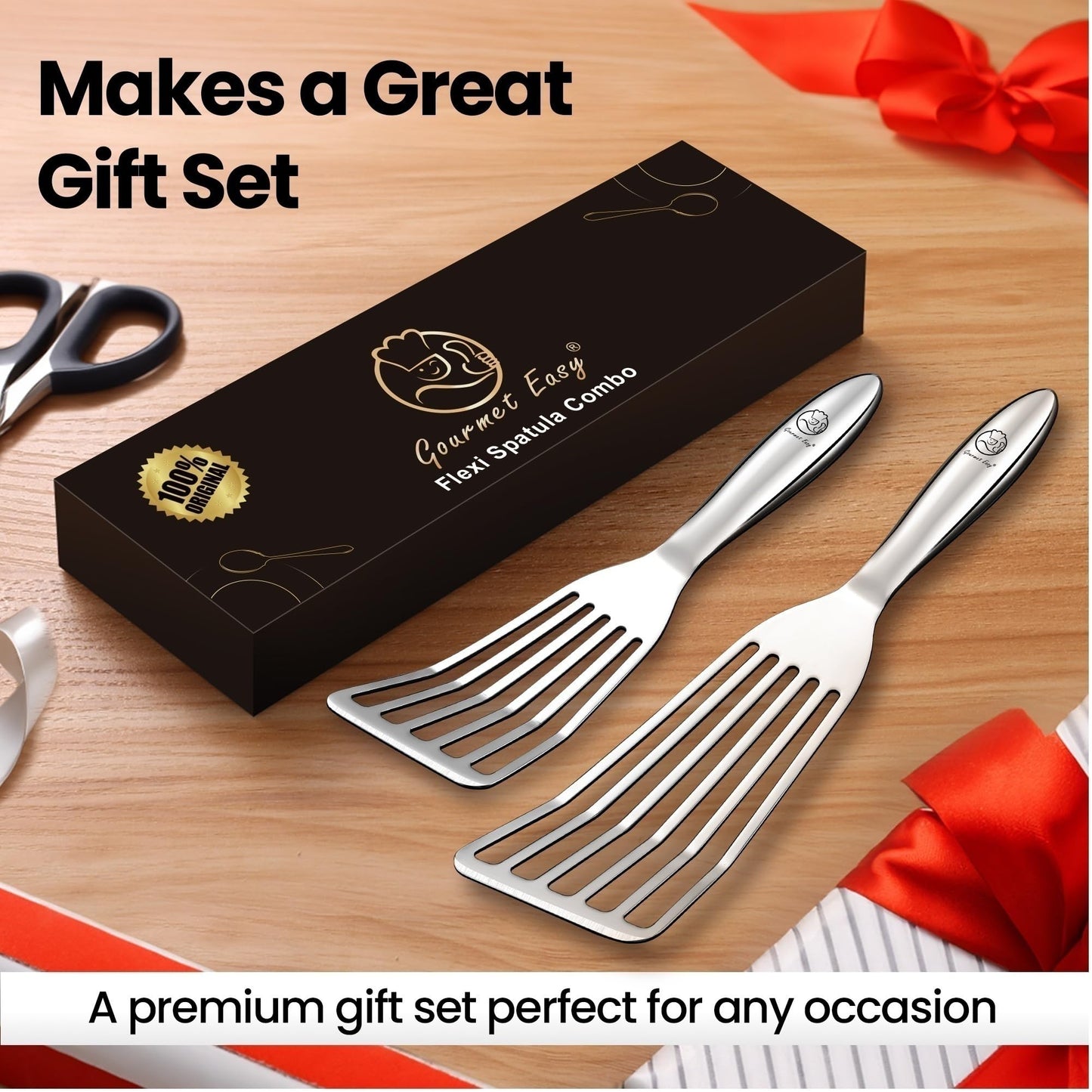 Stainless Steel Fish Spatula Set – 1 Large Fish Turner + 1 Small Metal Spatula, Ultra-Thin Edge for Easy Turning & Flipping, Metal Kitchen Utensils with Ergonomic Non-Slip Handle, Dishwasher Safe